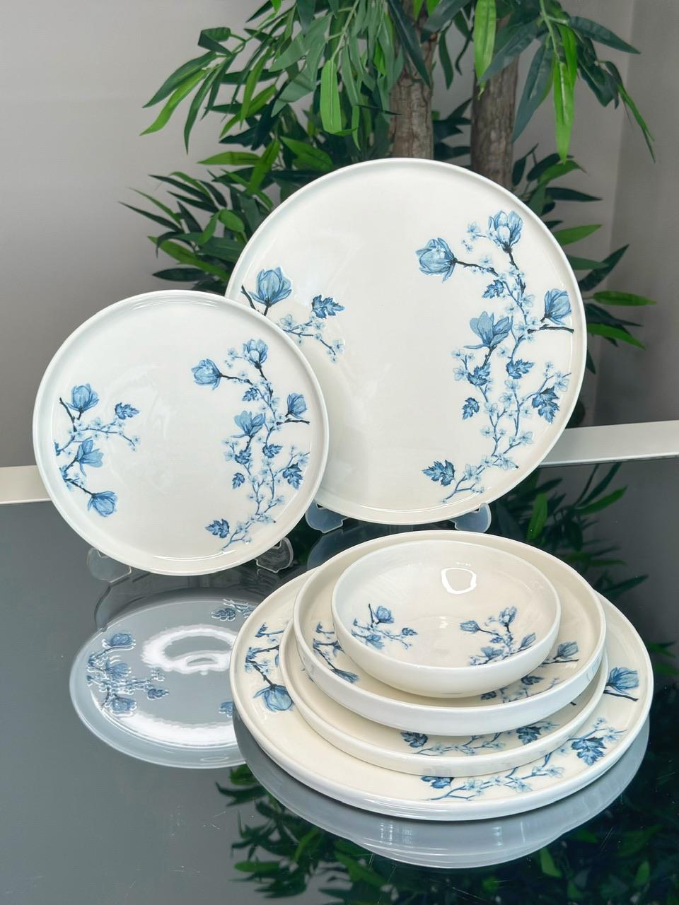 Mavi Kabartma Dokulu Anemon 24 Parça 6 Kişilik Porselen Yemek Takımı