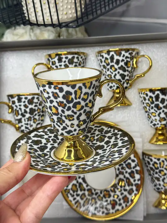 6 Kişilik Leopar Desenli Türk Kahvesi Fincanı (Beyaz)