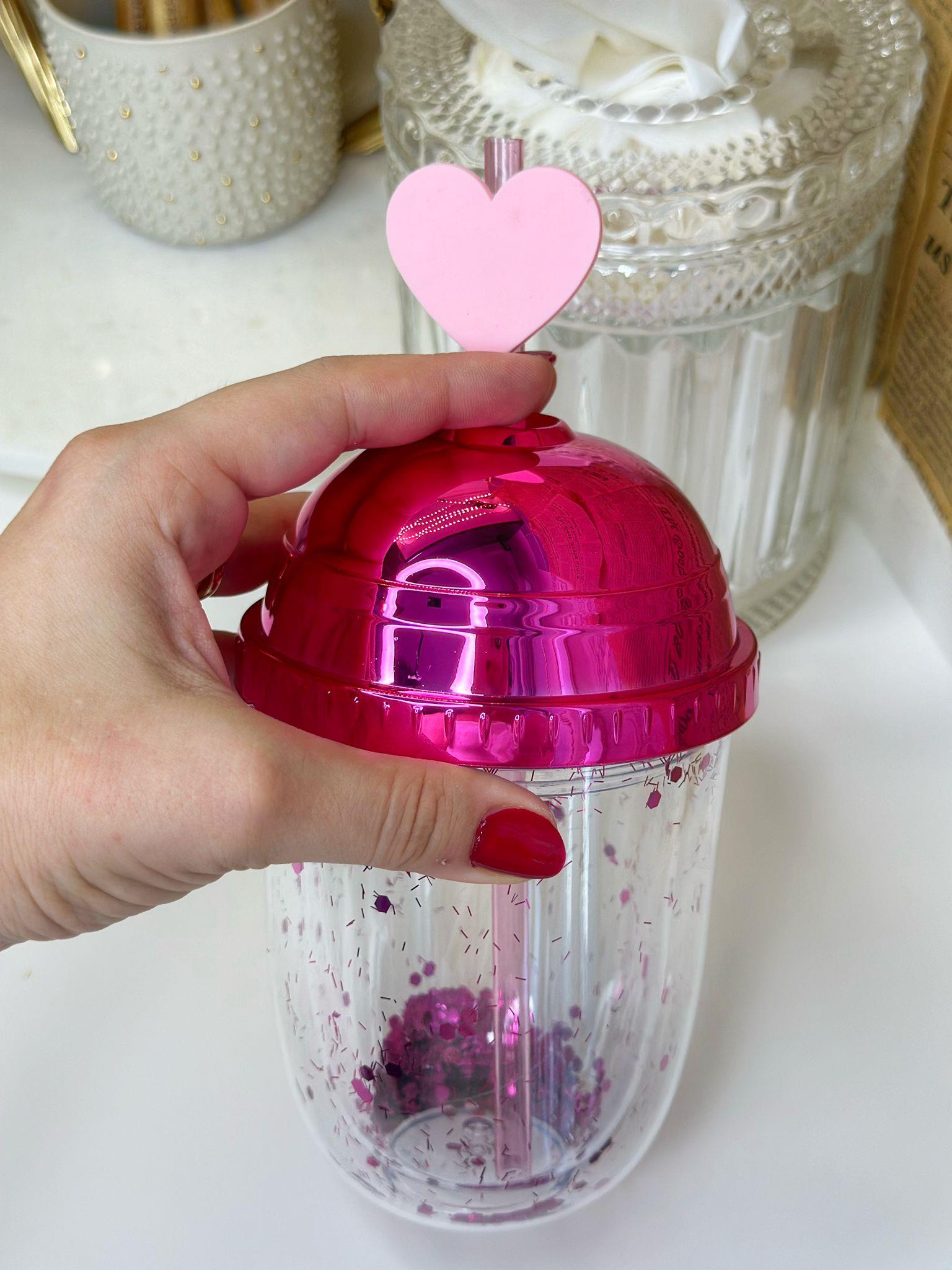 Fuşya Kalpli Pipetli Suluk / Matara