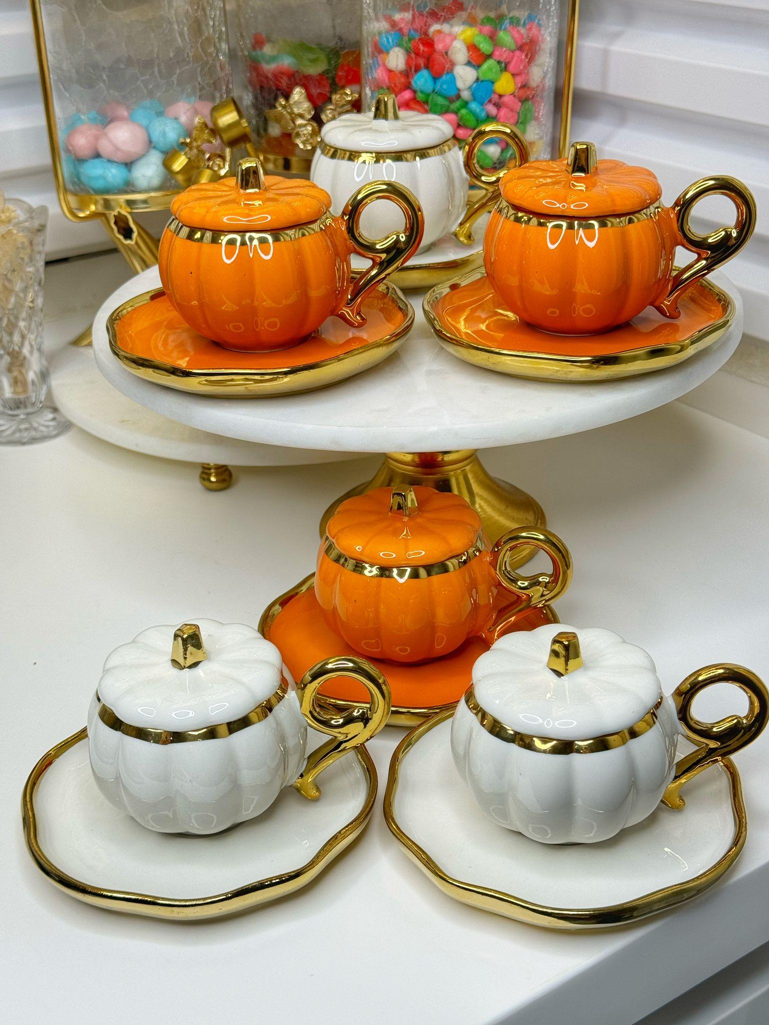 6 Kişilik Turuncu - Beyaz Kabak Türk Kahvesi Fincanı