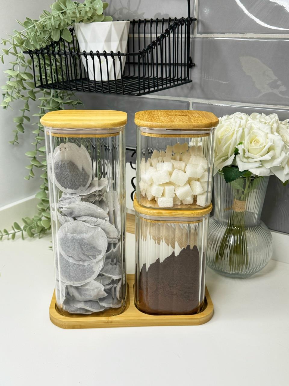 Corbeen 3 lü Bambu Standlı Cam Baharatlık