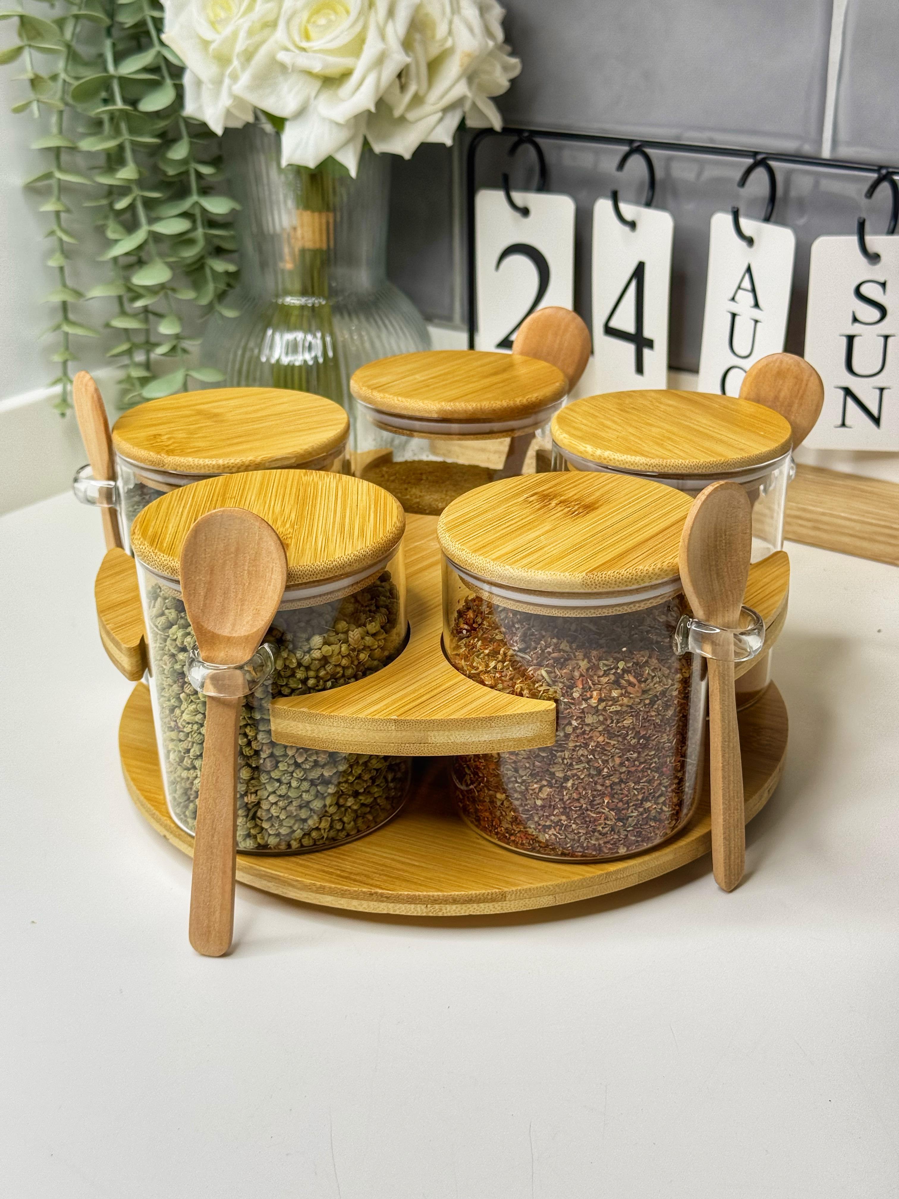 Döner Standlı Bambu Kaşıklı Cam Baharatlık