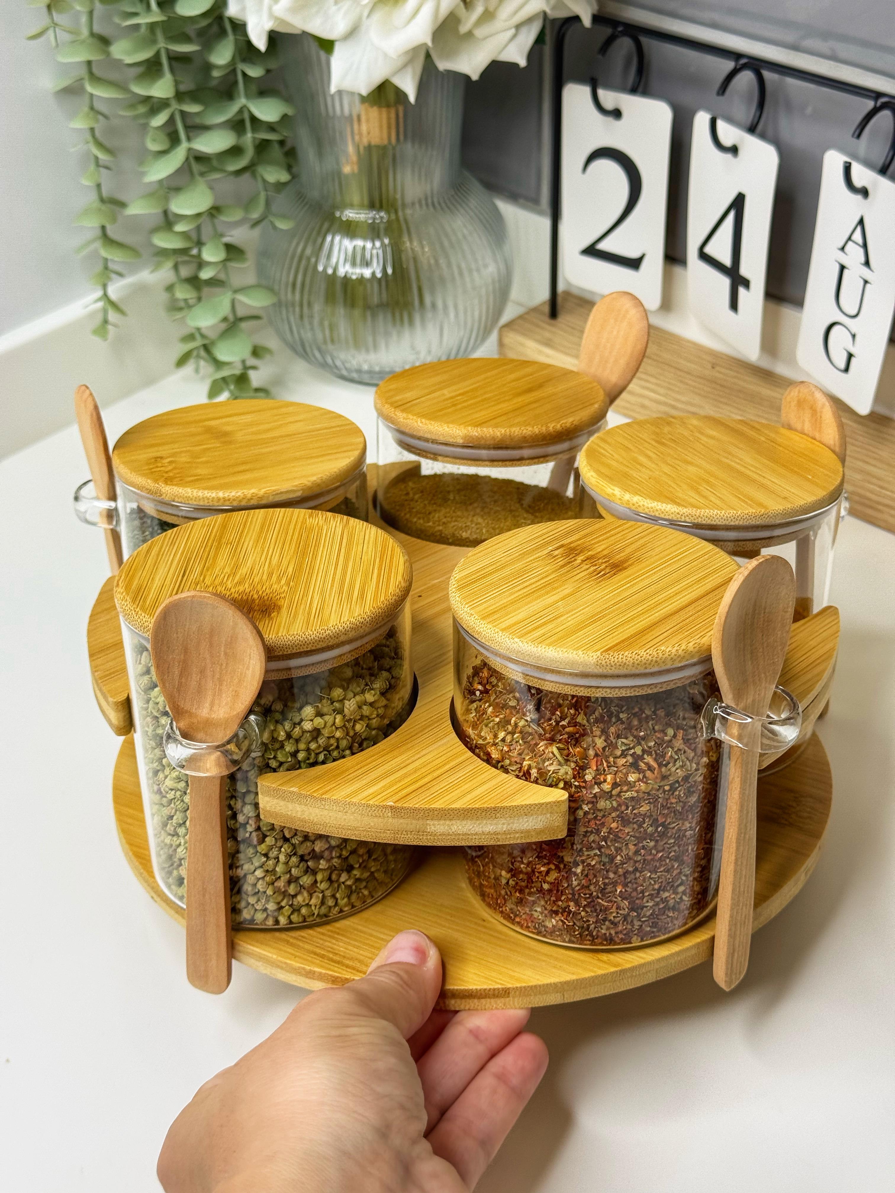 Döner Standlı Bambu Kaşıklı Cam Baharatlık