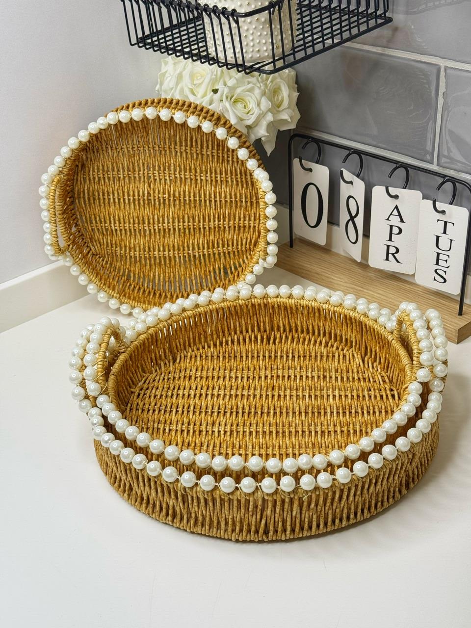 3Lü İncili Rattan Tepsi Yuvarlak