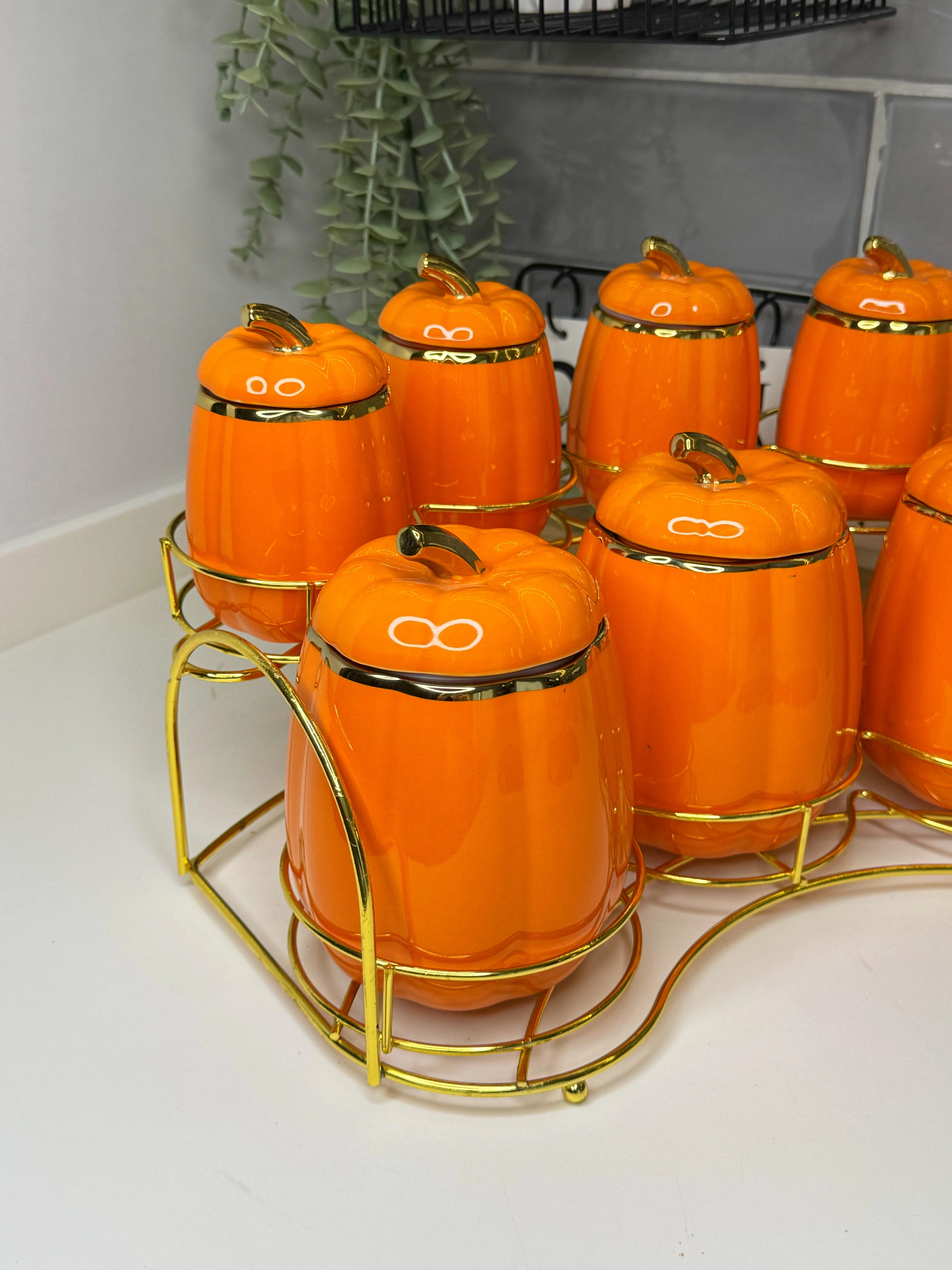 Standlı Porselen Kabak Baharat Takımı Turuncu