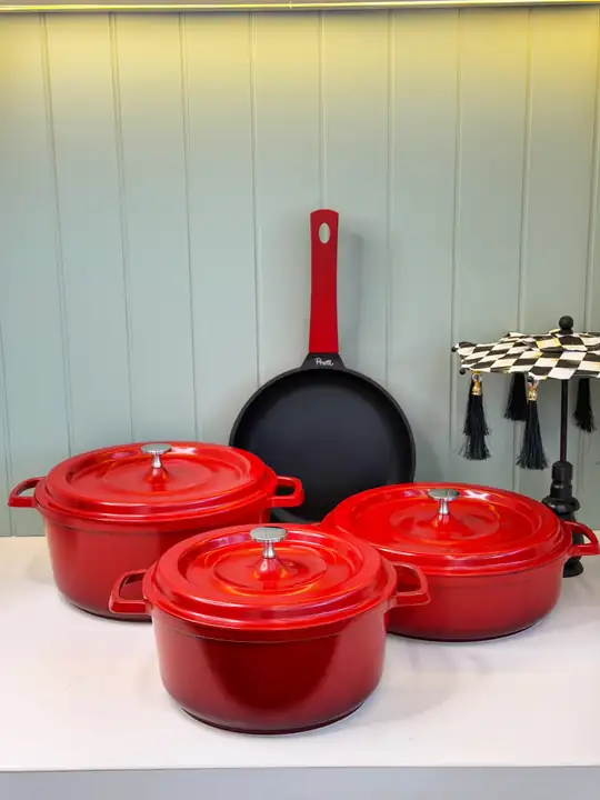 7 Parça Pro Chef Döküm Tencere Seti Kırmızı