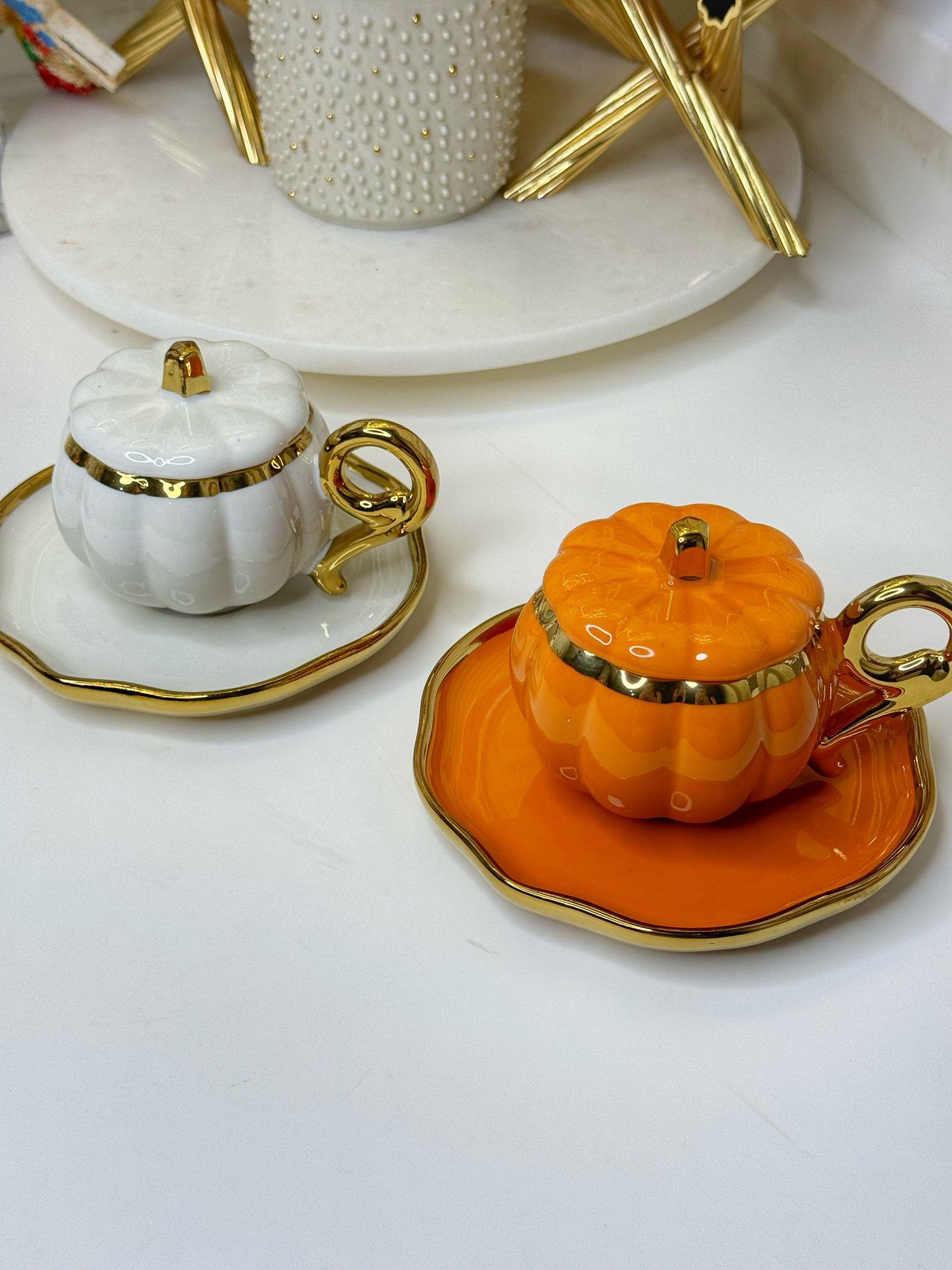 6 Kişilik Turuncu - Beyaz Kabak Türk Kahvesi Fincanı