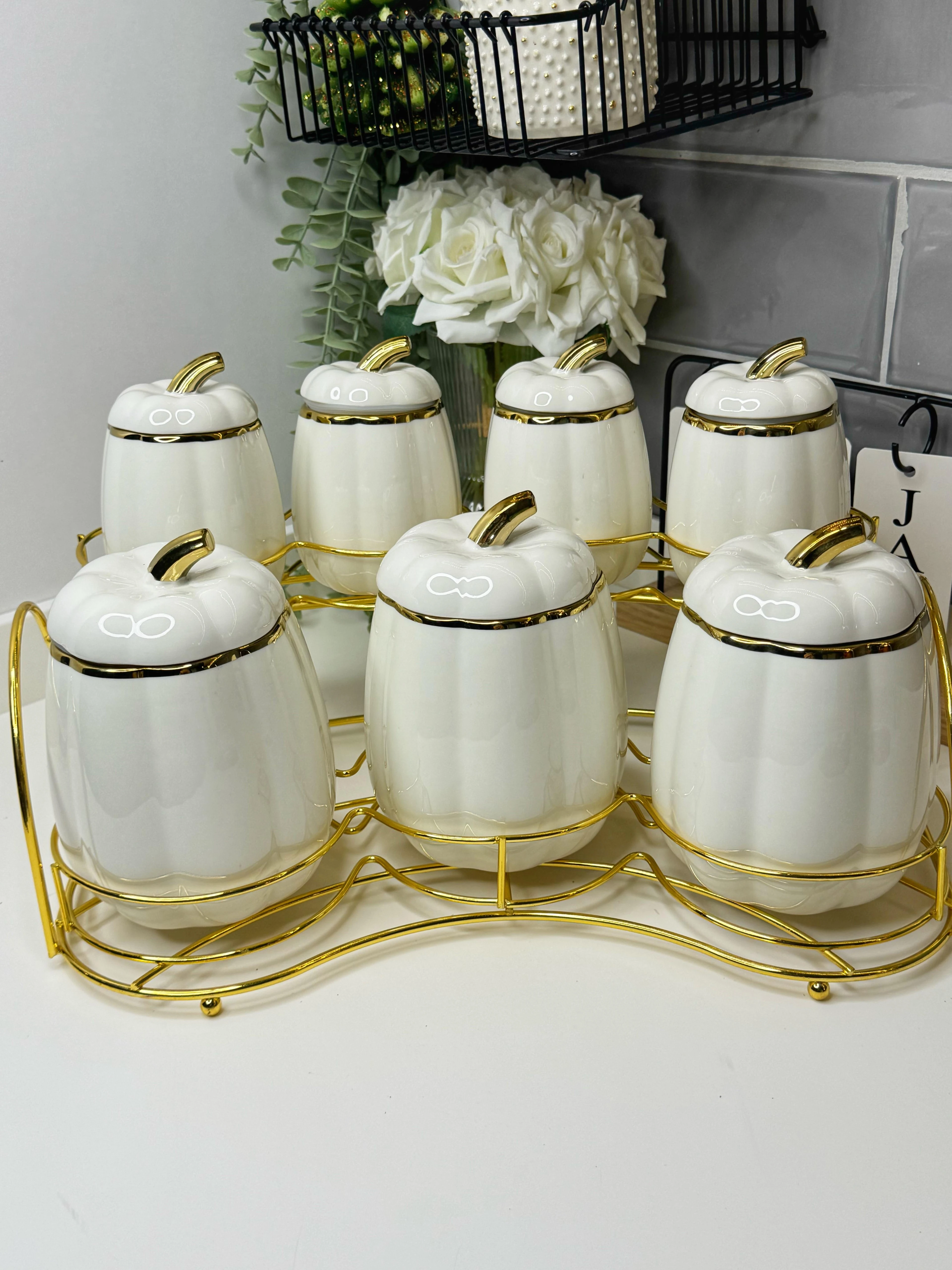 Standlı Porselen Kabak Baharat Takımı Beyaz