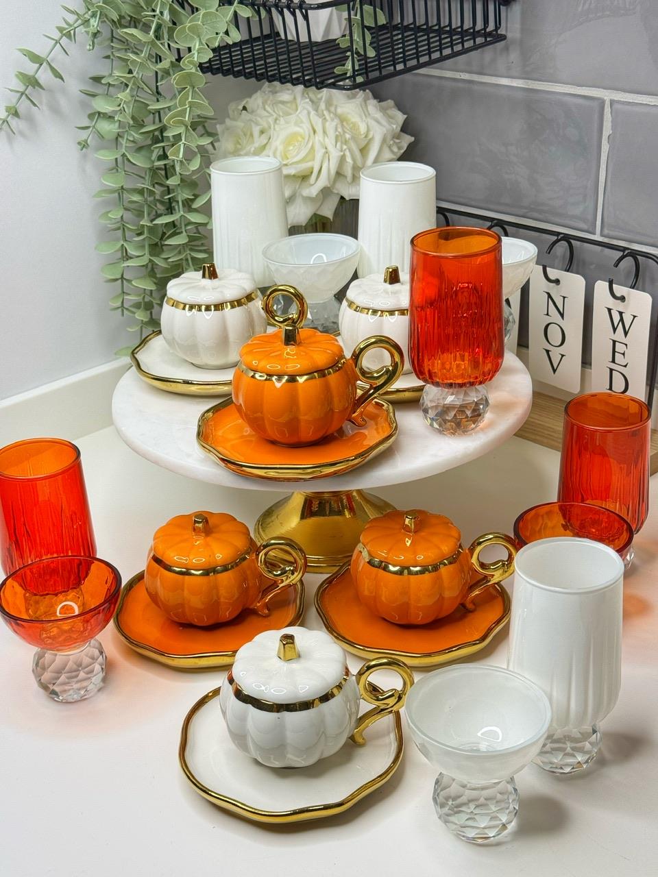 6 Kişilik Turuncu / Beyaz Kabak Türk Kahvesi Sunum Seti