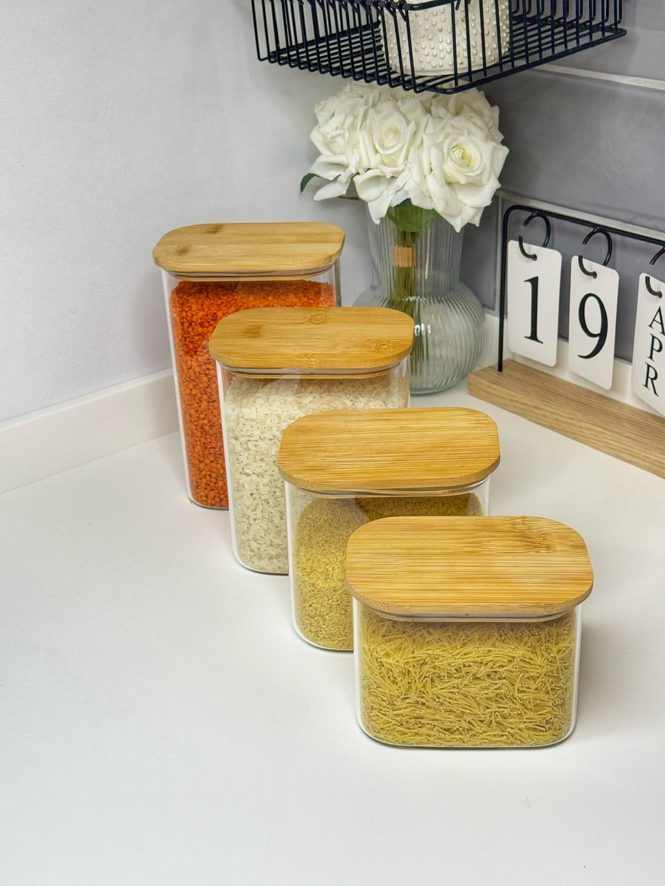 4 Lü Vakumlu Bambu Kapaklı Cam Kavanoz