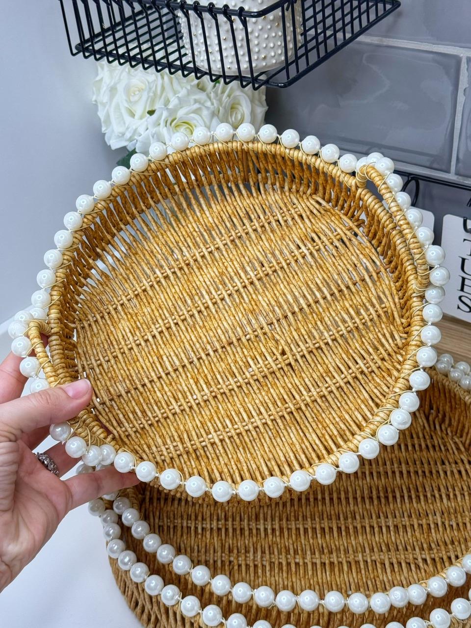 3Lü İncili Rattan Tepsi Yuvarlak