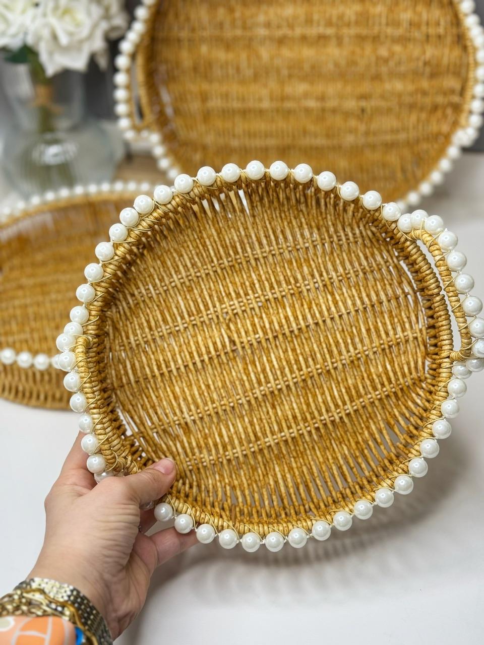 3Lü İncili Rattan Tepsi Yuvarlak