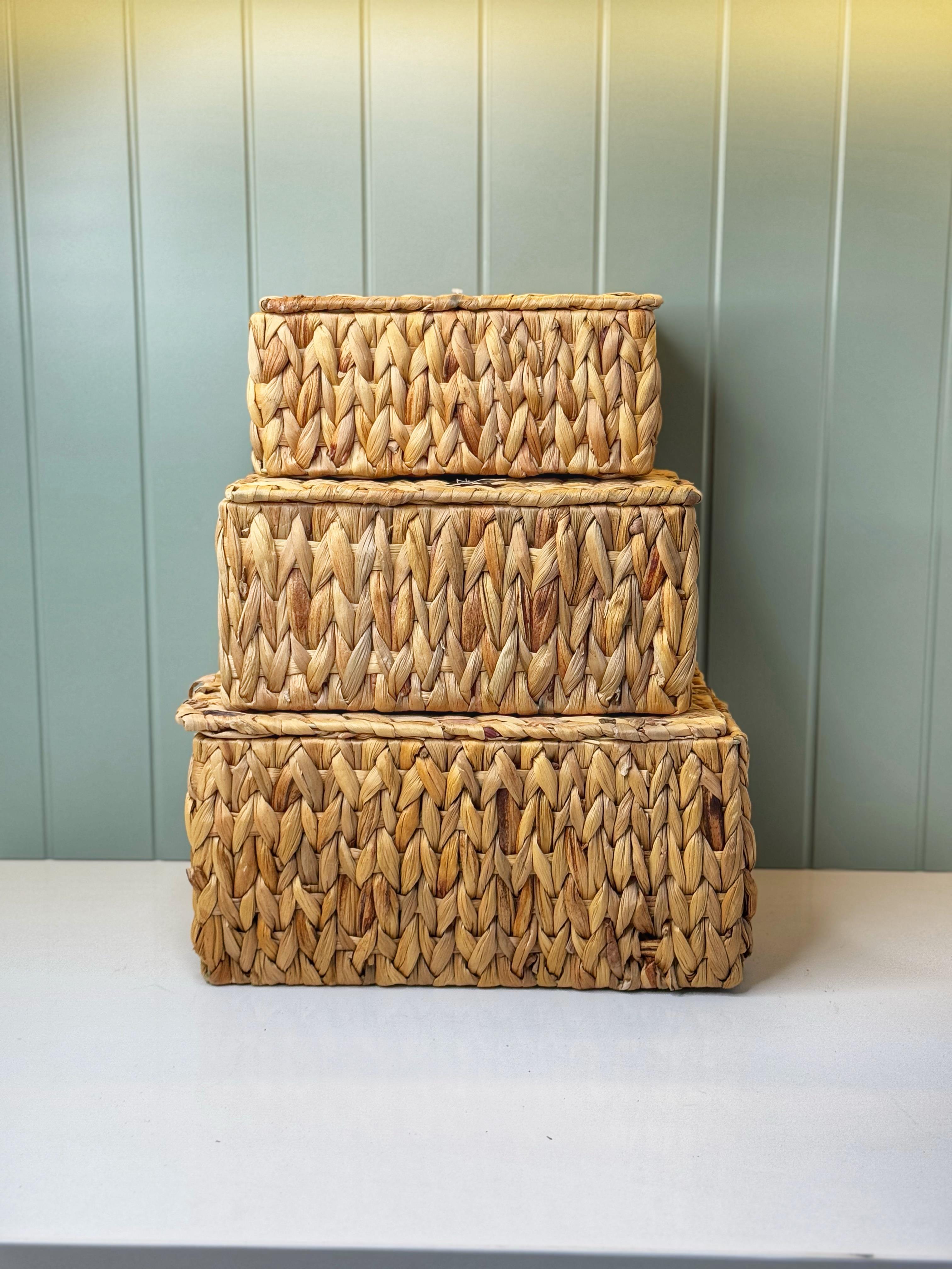 3'Lü Kapaklı Dikdörtgen Hasır Sepet