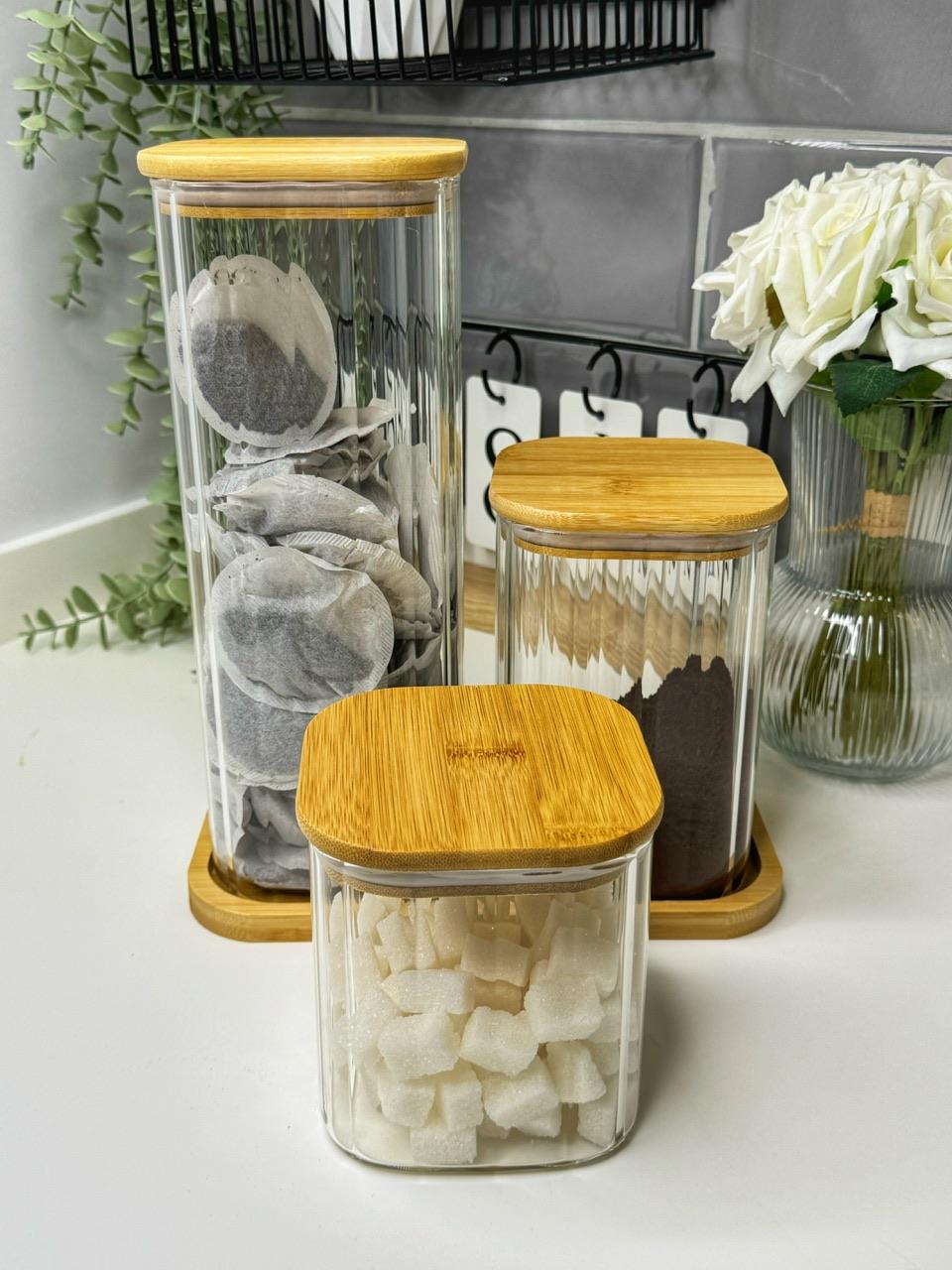 Corbeen 3 lü Bambu Standlı Cam Baharatlık