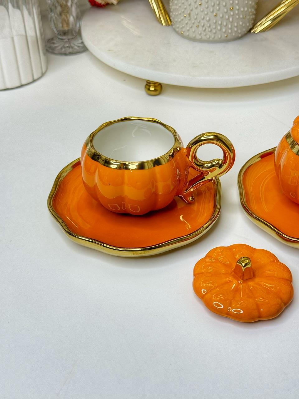 2 Kişilik Turuncu Beyaz Kabak Türk Kahvesi Fincanı
