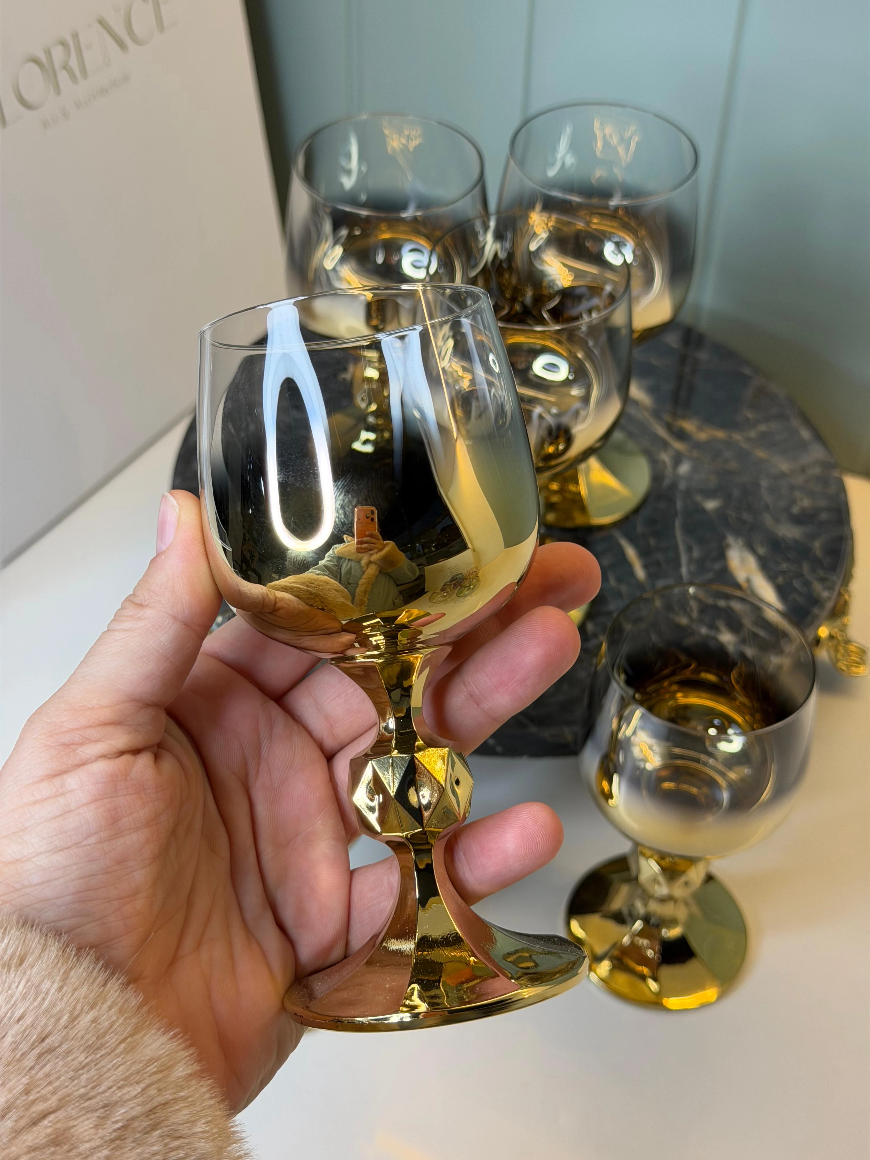 Emira 6 Kişilik Gold/Gümüş Yansıma Kahve Yanı Su Bardağı 