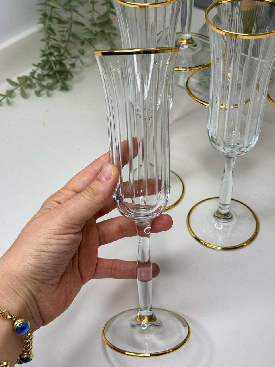 6 Lı Gold Detaylı Çizgili Kahve Yanı Su Bardağı