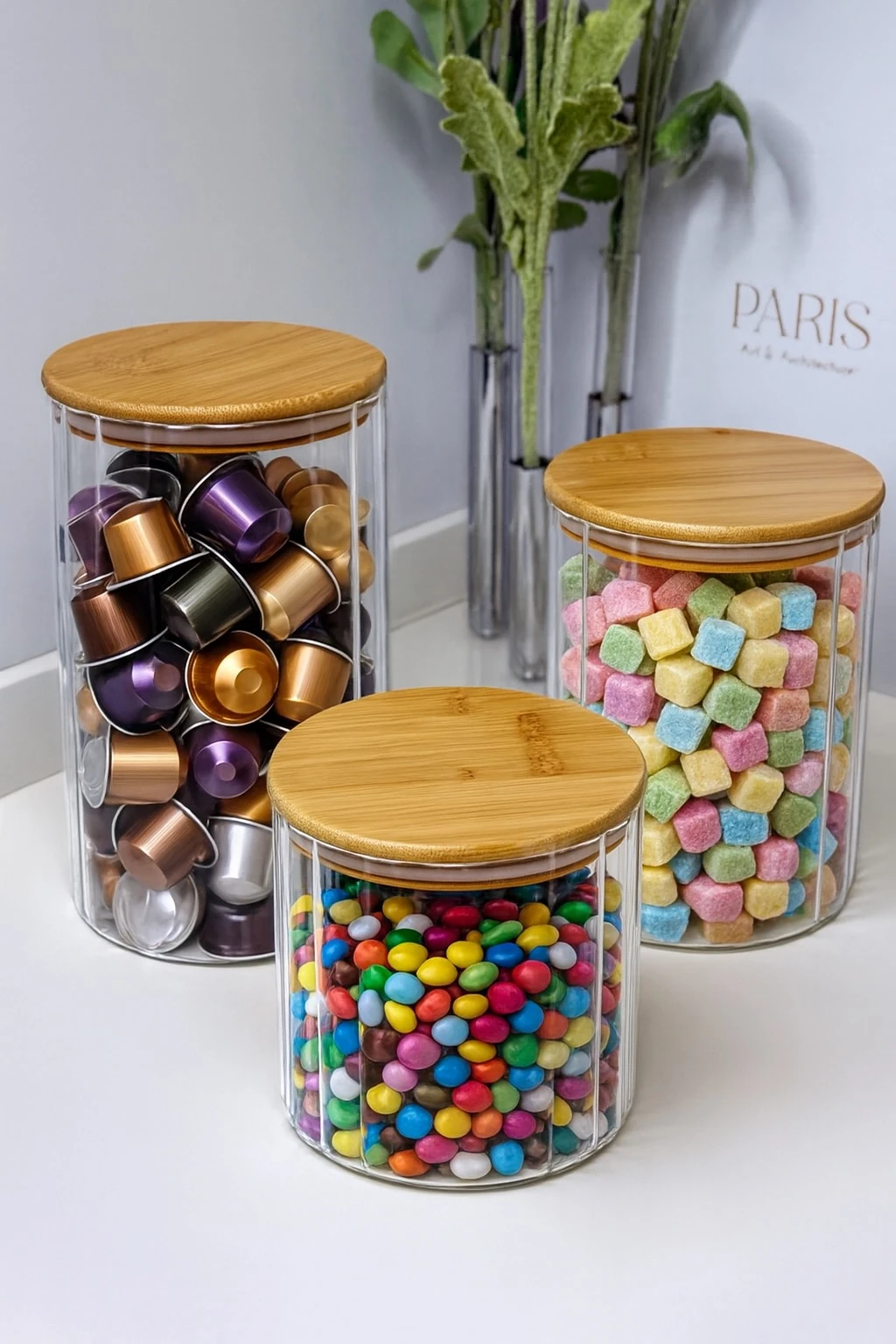 3'LÜ Bambu Cam Çay/Şeker/Kahve Kavanozu 