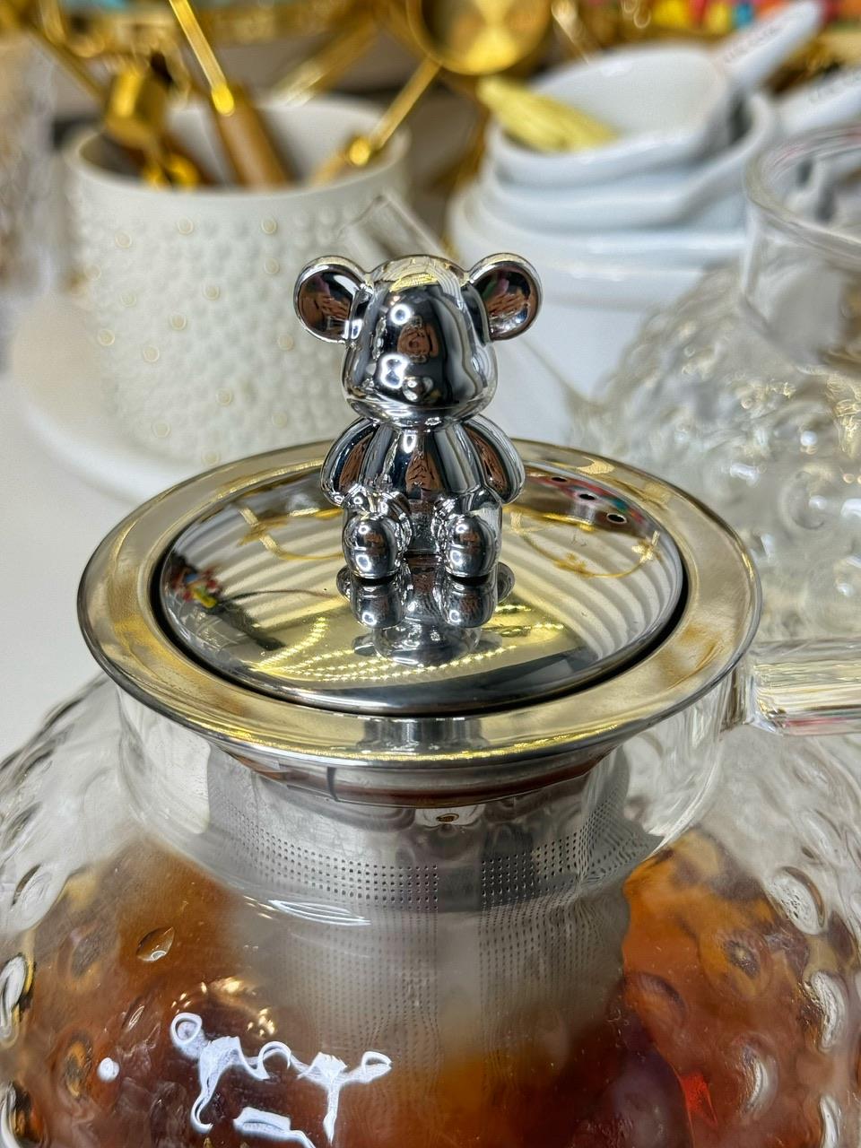 Montella Gümüş Ayıcık Kulplu Damla Borosilikat Cam Çaydanlık