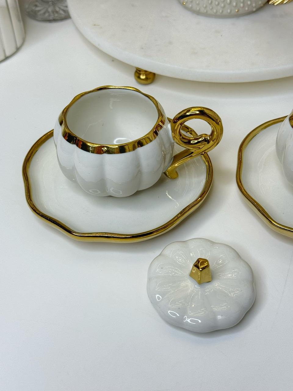 2 Kişilik Turuncu Beyaz Kabak Türk Kahvesi Fincanı