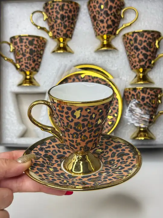 6 Kişilik Leopar Desenli Türk Kahvesi Fincanı (Kahverengi)