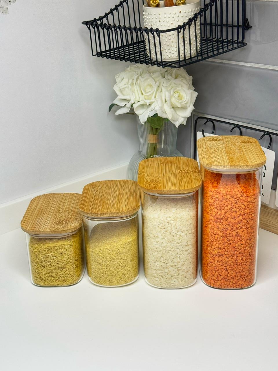 4 Lü Vakumlu Bambu Kapaklı Cam Kavanoz