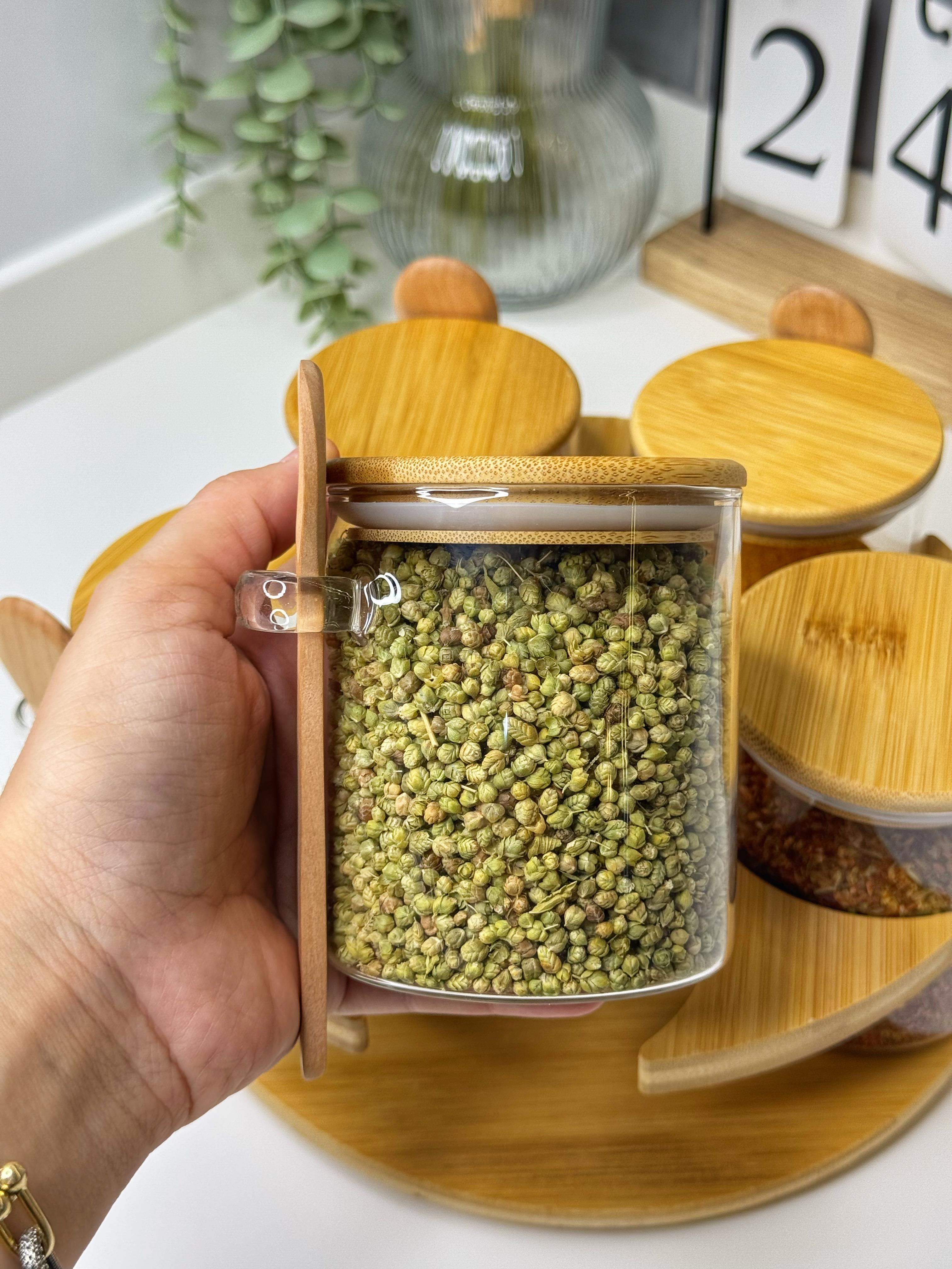 Döner Standlı Bambu Kaşıklı Cam Baharatlık