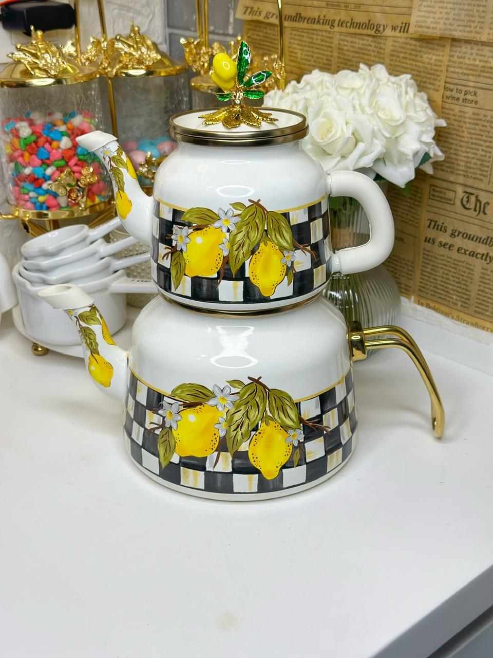 Limon Desenli Emaye Çaydanlık