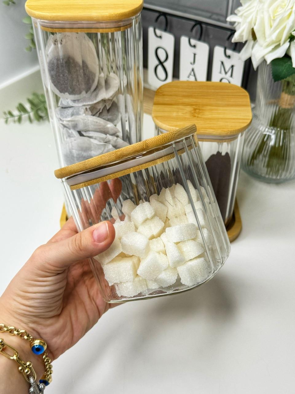 Corbeen 3 lü Bambu Standlı Cam Baharatlık