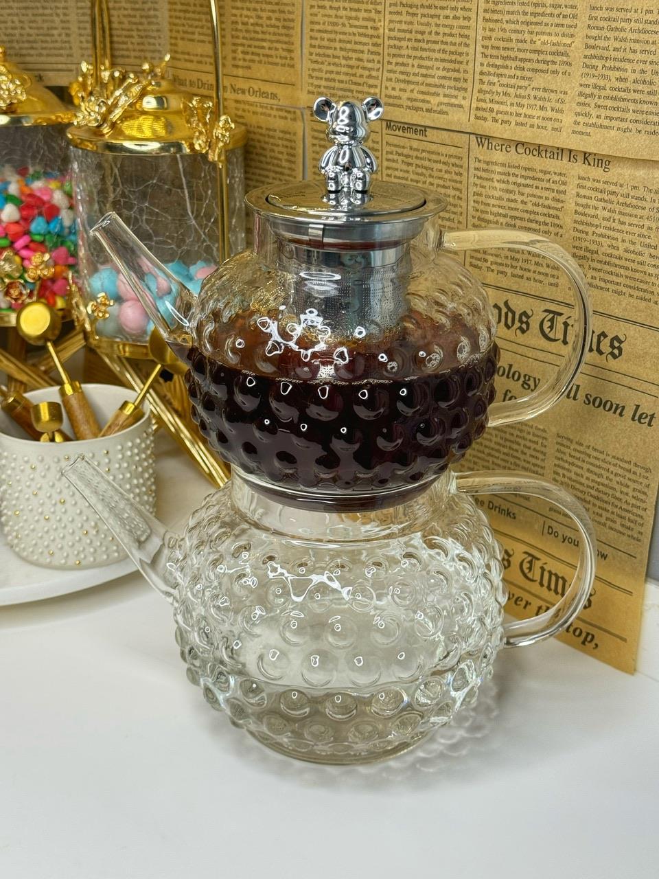 Montella Gümüş Ayıcık Kulplu Damla Borosilikat Cam Çaydanlık