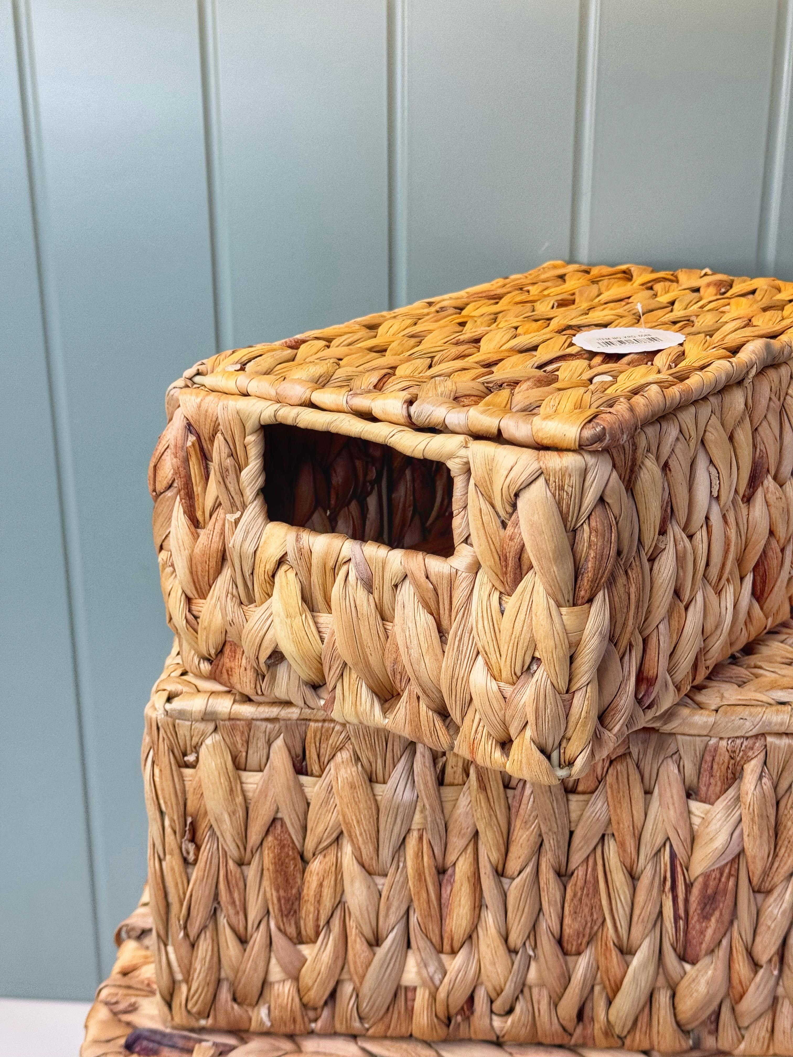 3'Lü Kapaklı Dikdörtgen Hasır Sepet