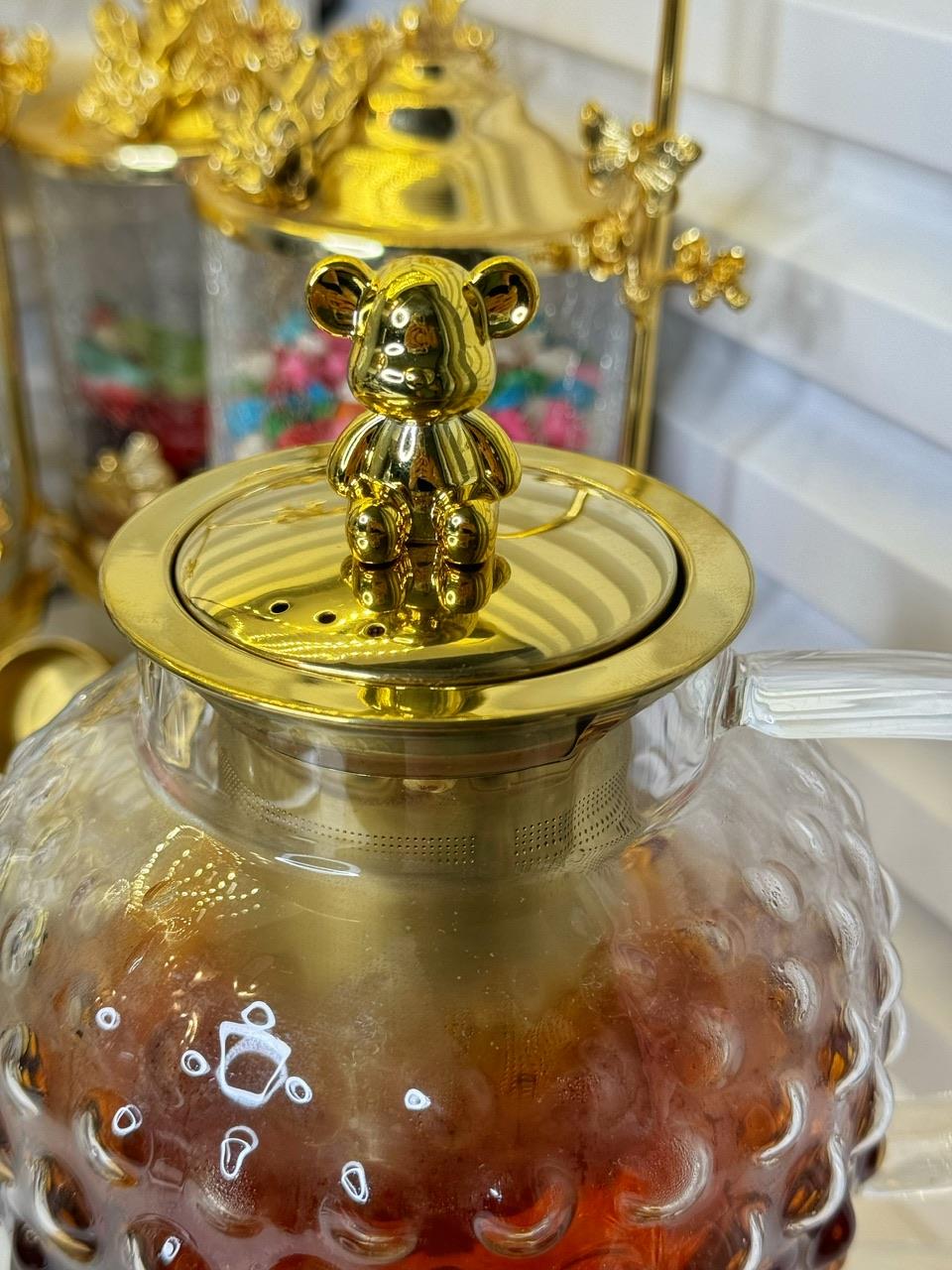 Montella Gold Ayıcık Kulplu Damla Borosilikat Cam Çaydanlık