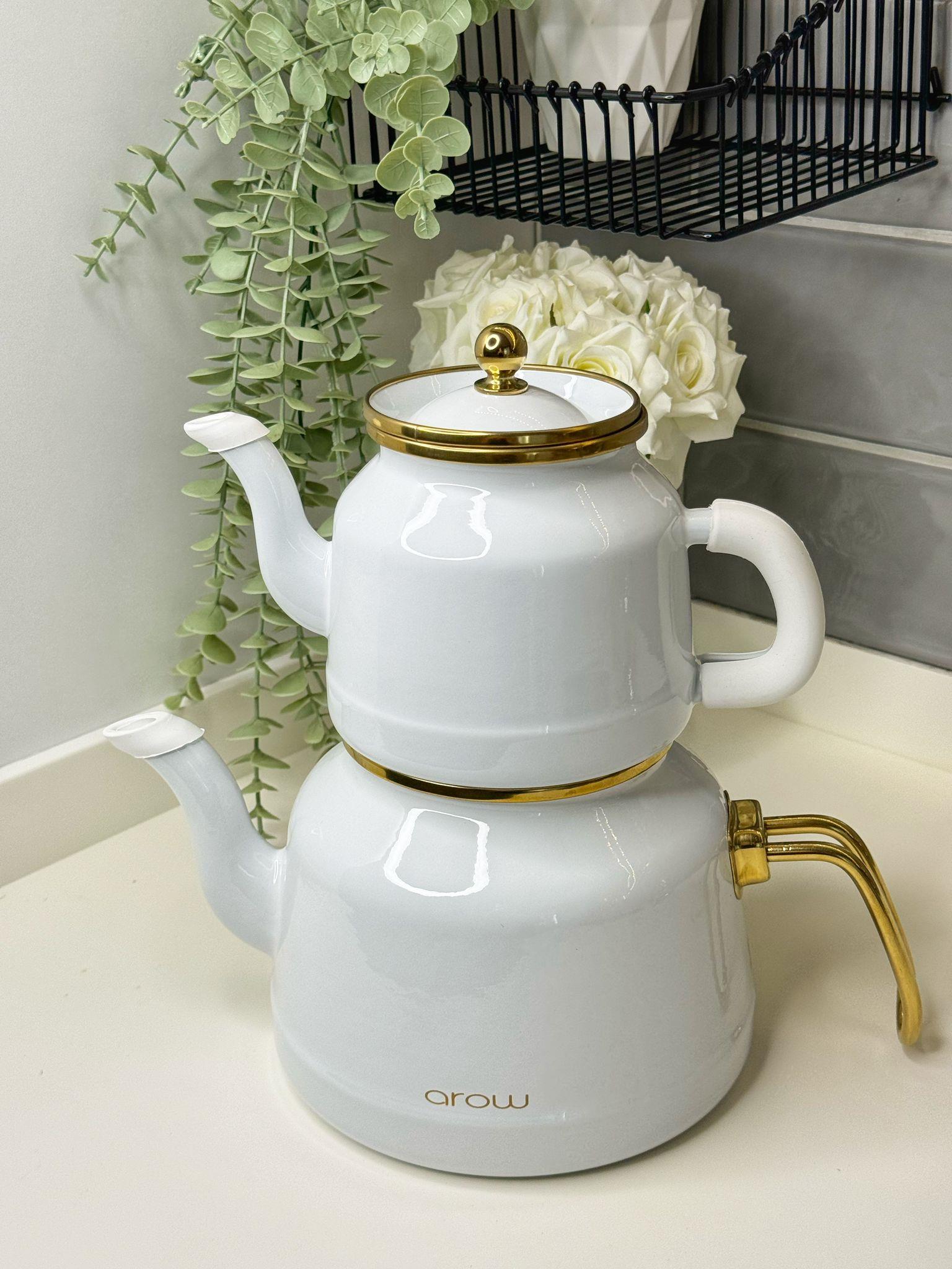 Borena Beyaz Emaye Çaydanlık