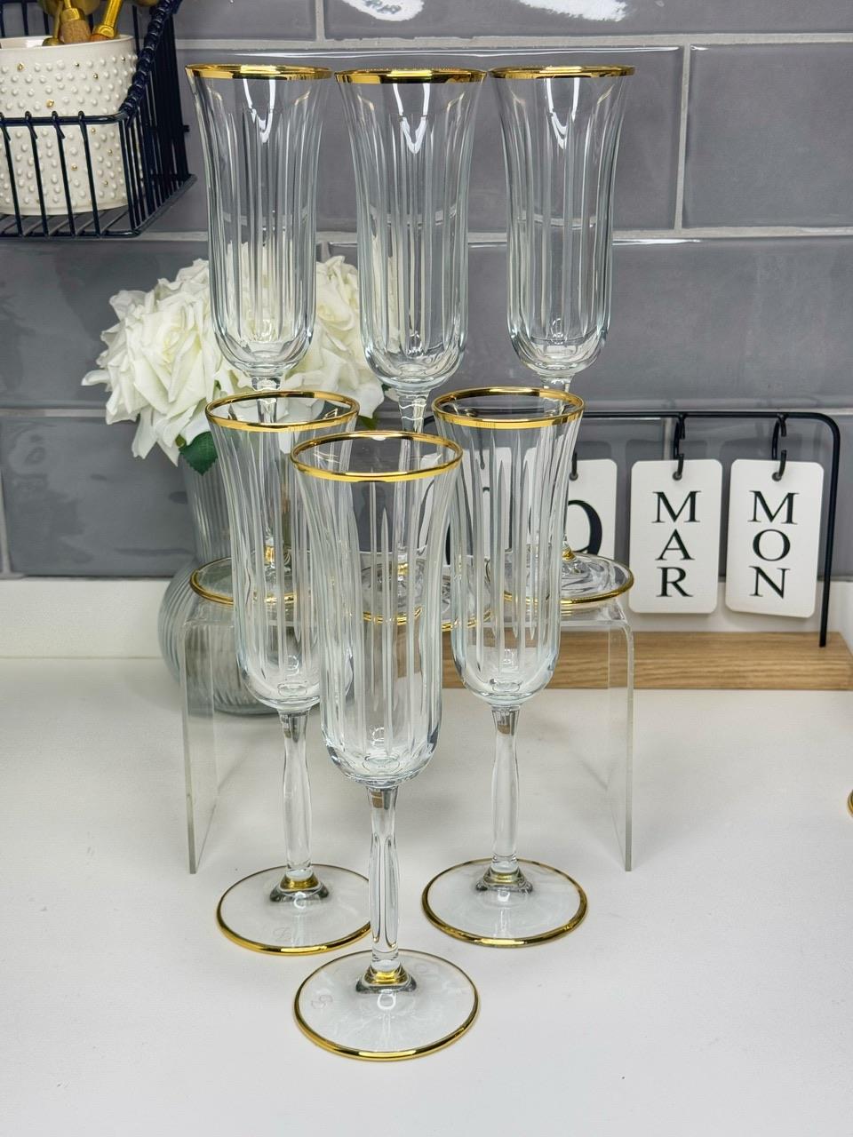 6 Lı Gold Detaylı Çizgili Kahve Yanı Su Bardağı