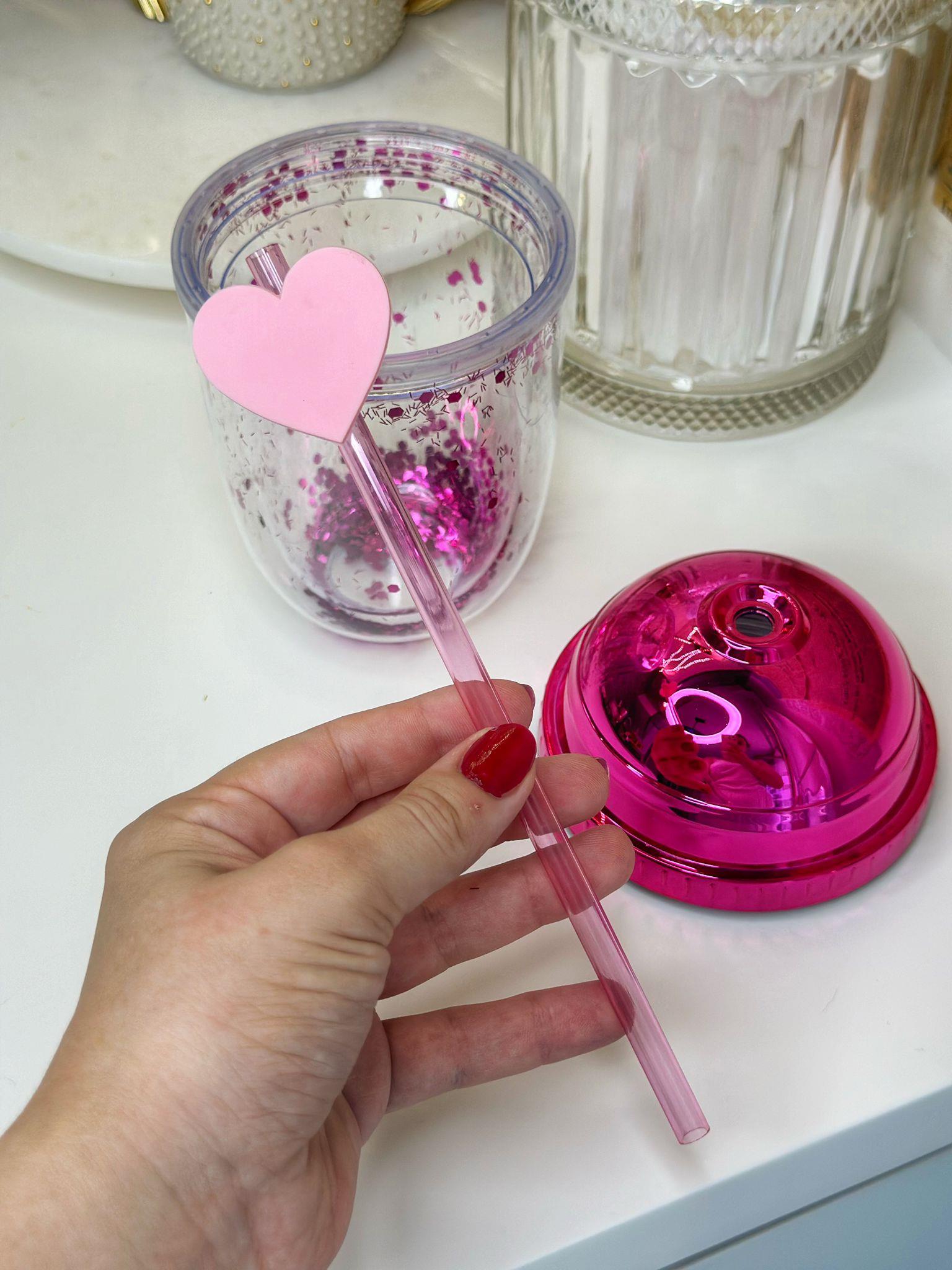 Fuşya Kalpli Pipetli Suluk / Matara