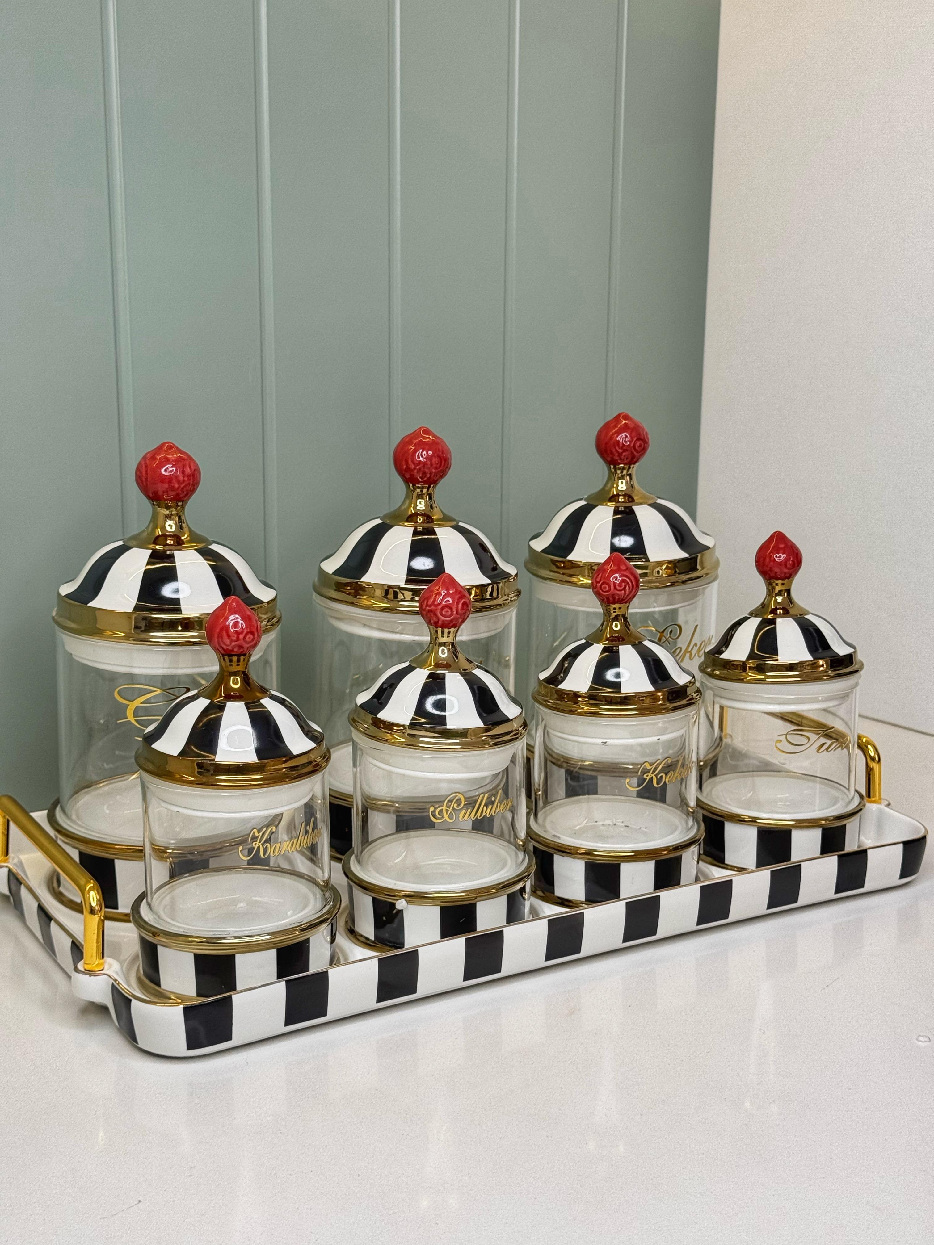 Shine Porselen Tepsili Vakumlu Cam Baharatlık