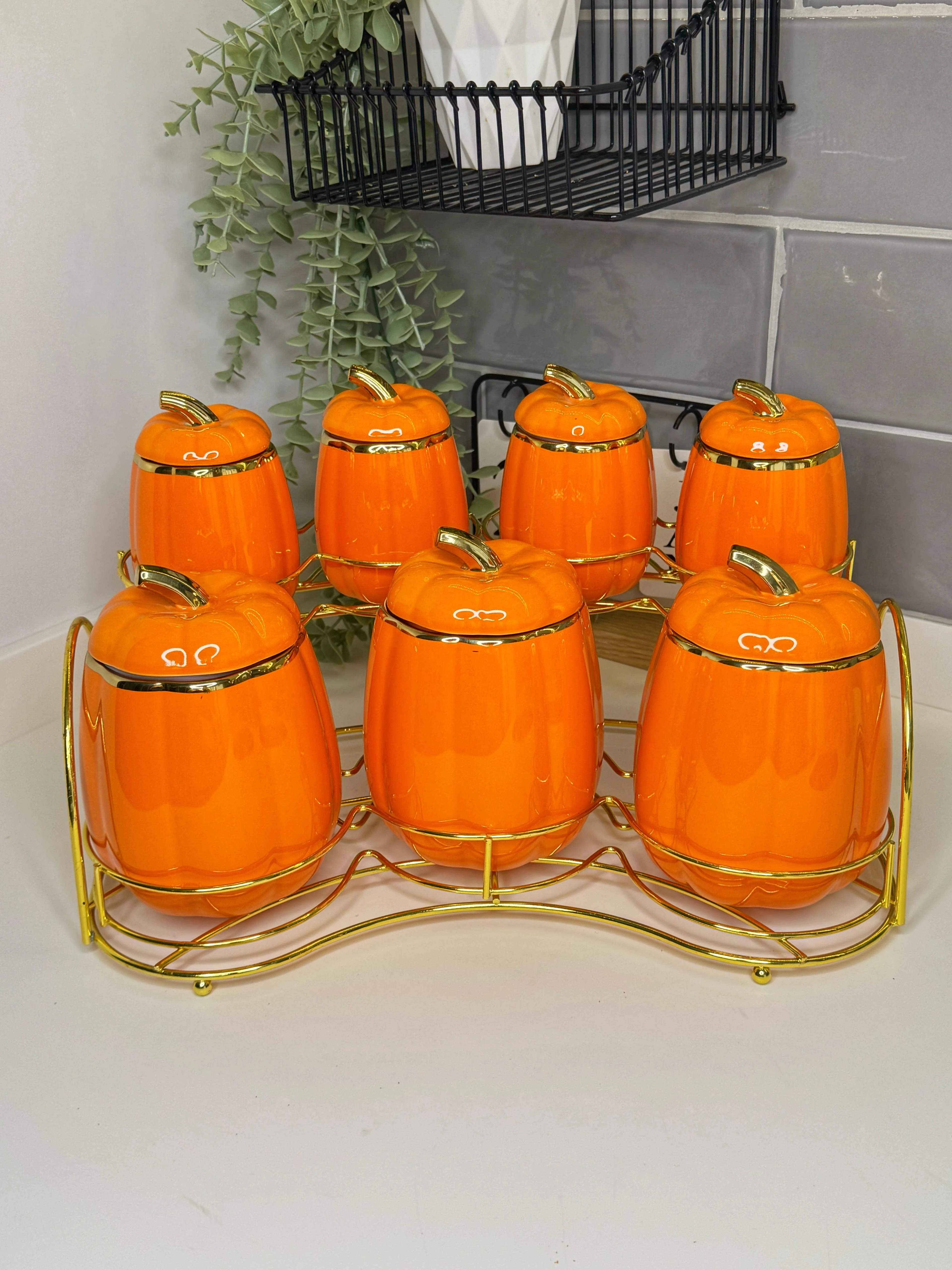 Standlı Porselen Kabak Baharat Takımı Turuncu