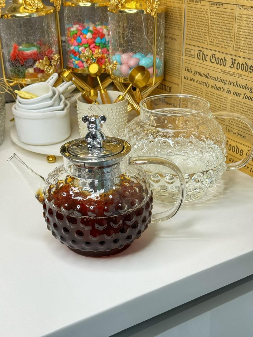 Montella Gümüş Ayıcık Kulplu Damla Borosilikat Cam Çaydanlık