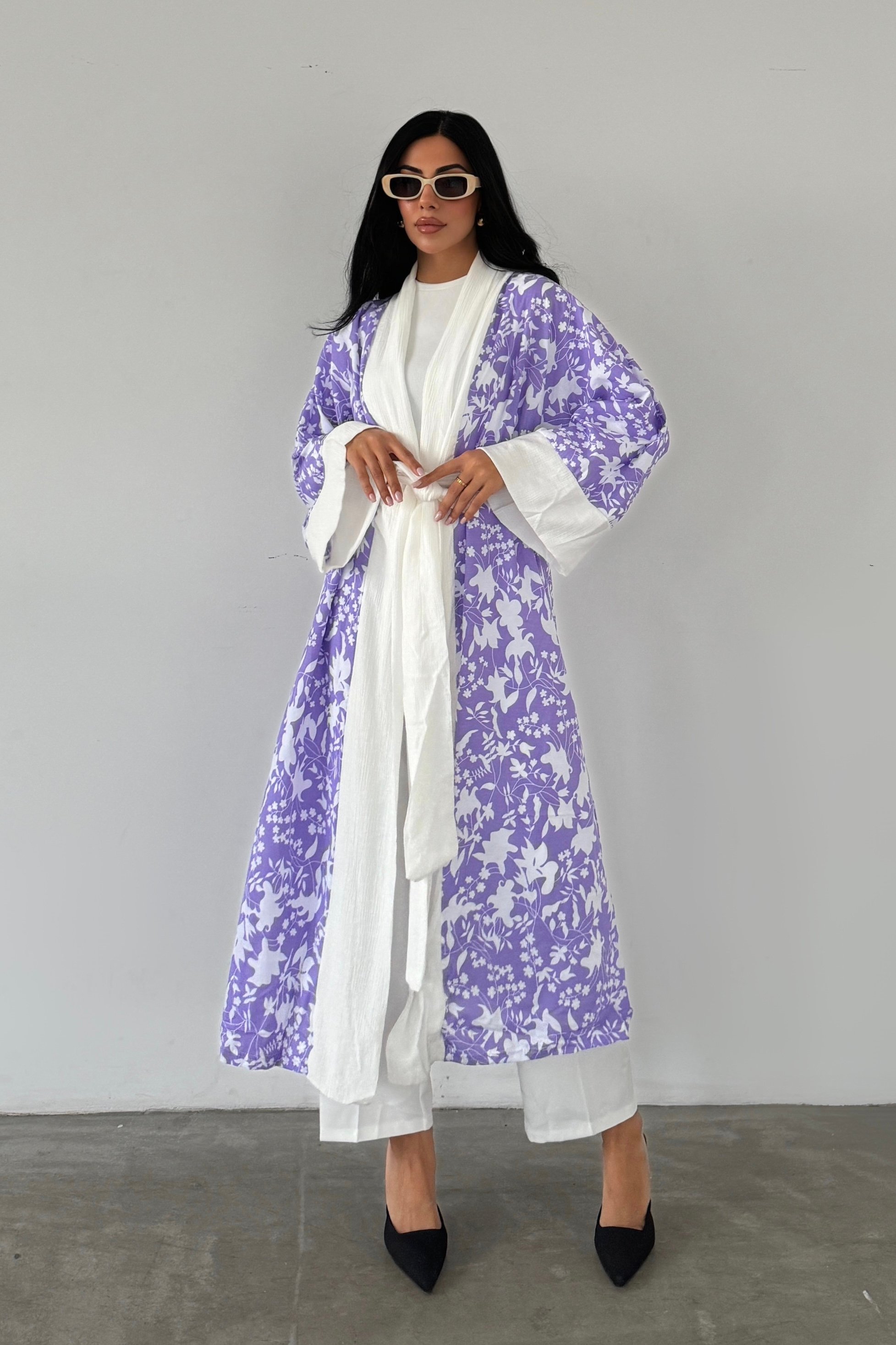 Kuşaklı Çiçek Desenli Tesettür Kimono