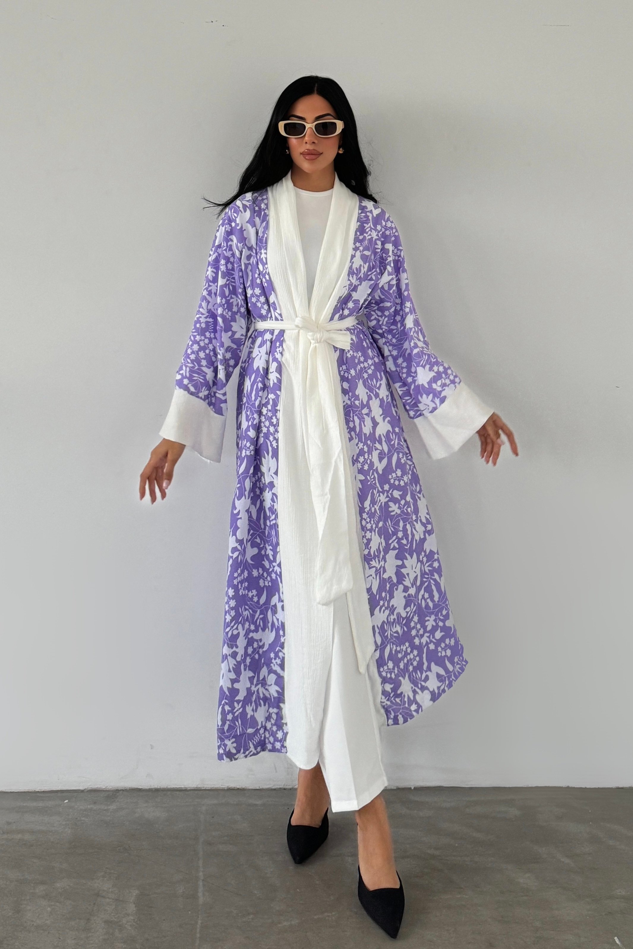 Kuşaklı Çiçek Desenli Tesettür Kimono