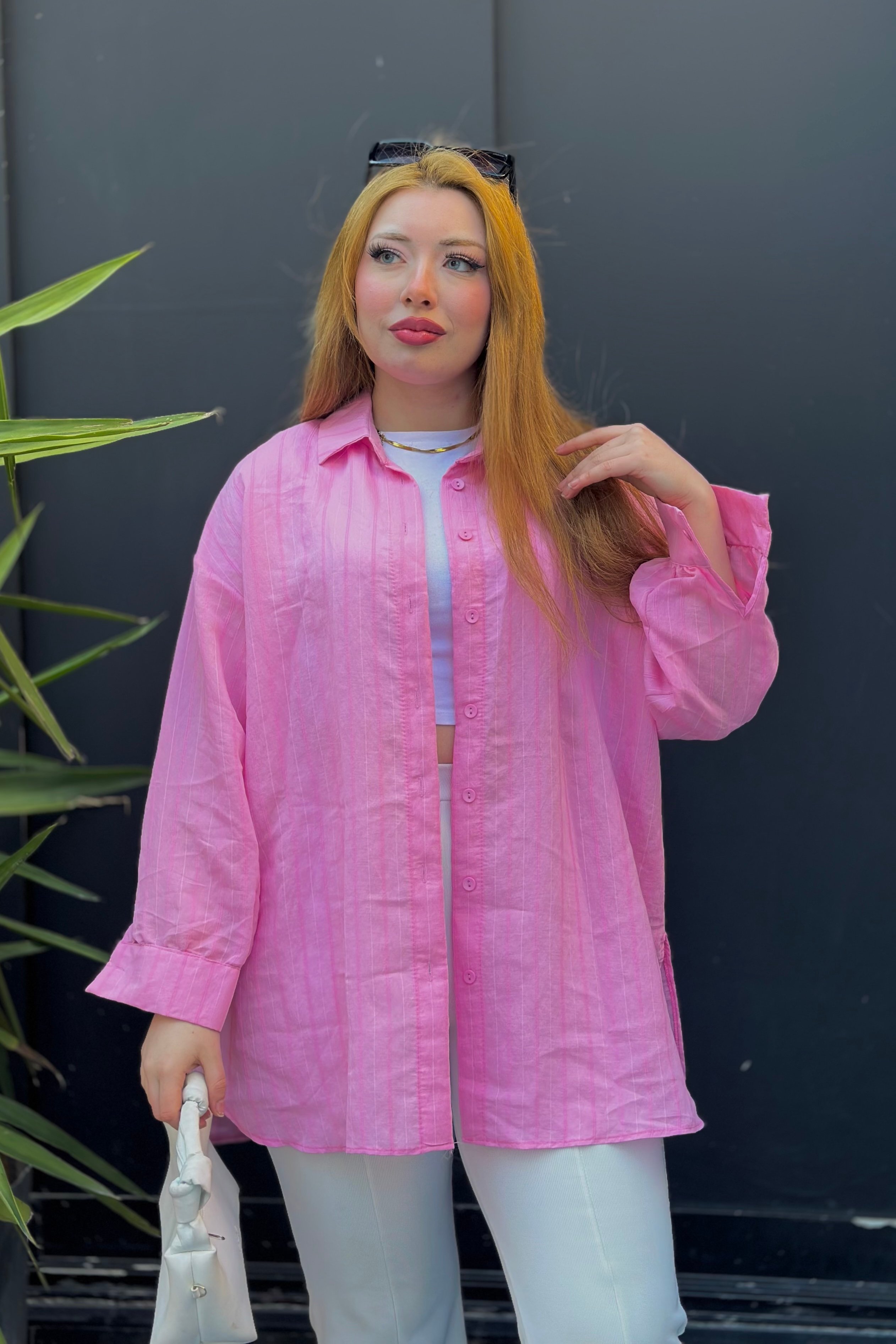 Tuana Oversize Keten Gömlek - Pembe