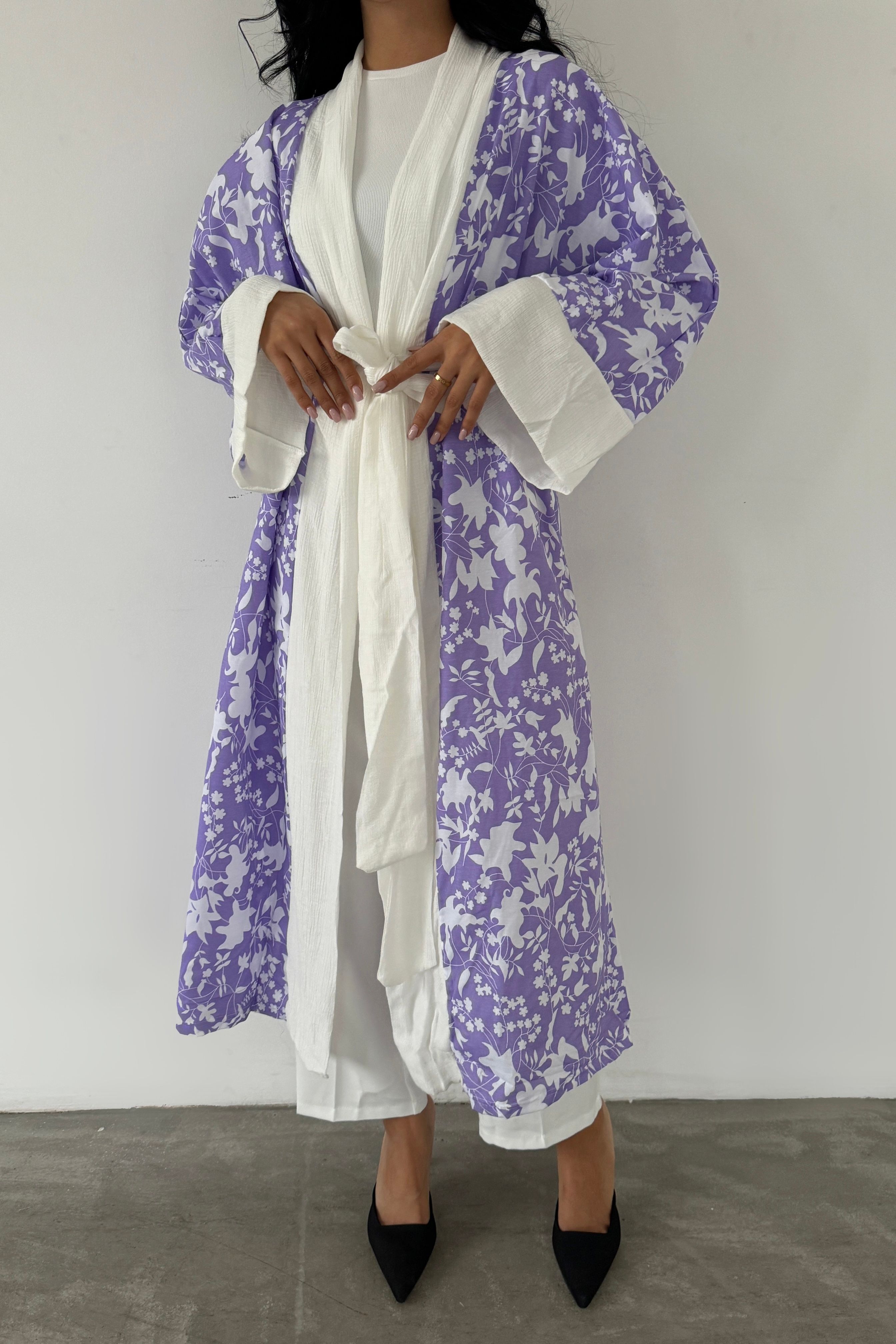 Kuşaklı Çiçek Desenli Tesettür Kimono