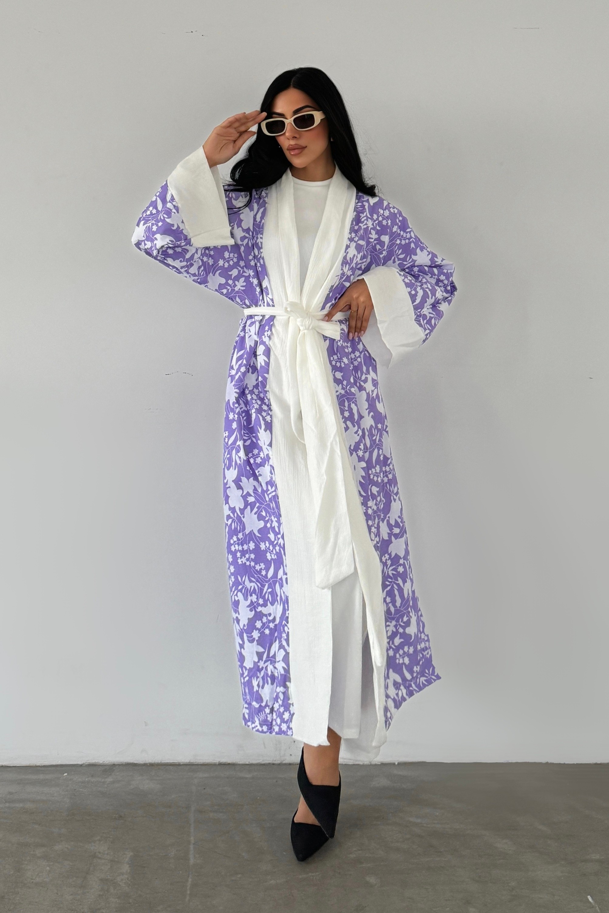 Kuşaklı Çiçek Desenli Tesettür Kimono - Eflatun