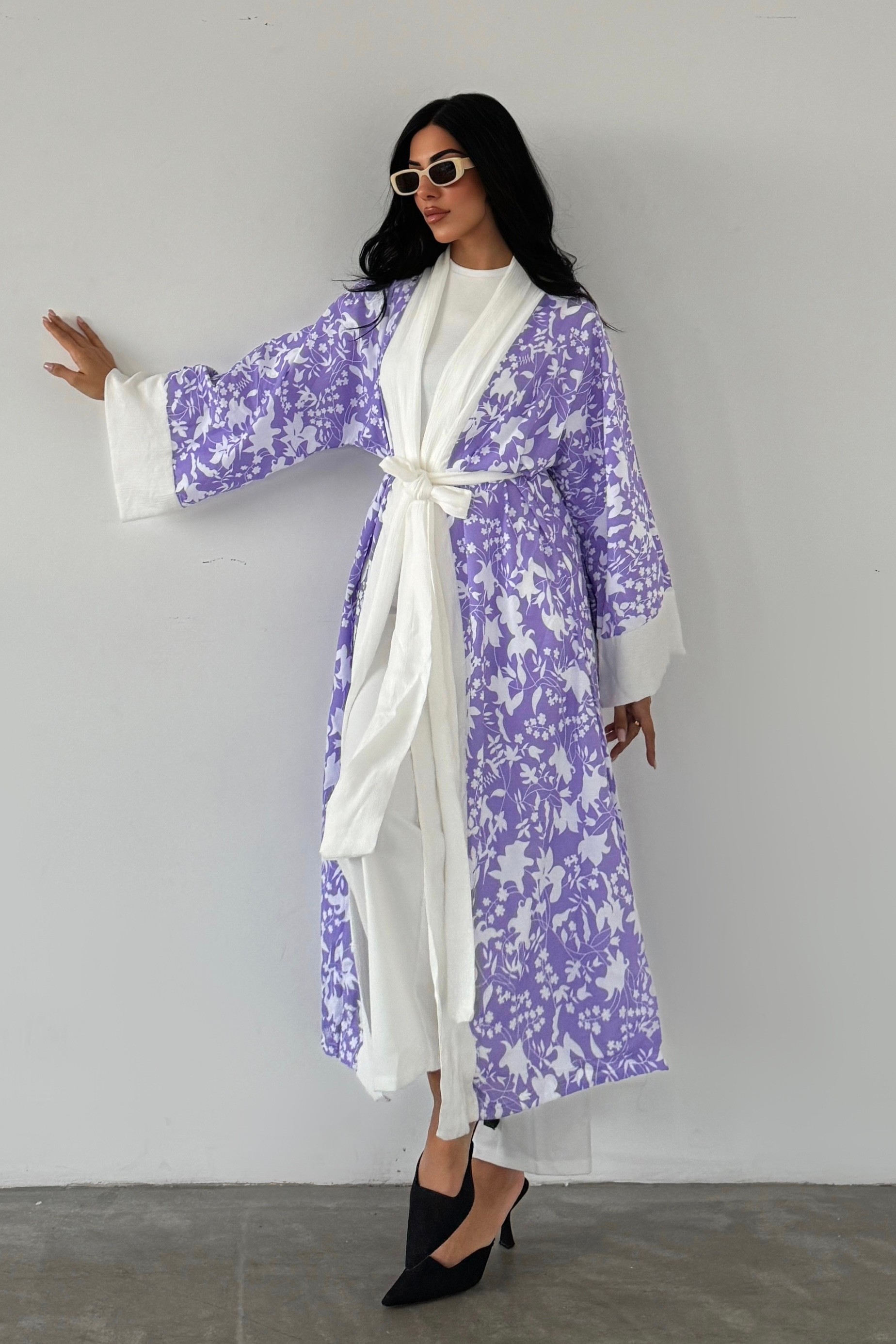 Kuşaklı Çiçek Desenli Tesettür Kimono