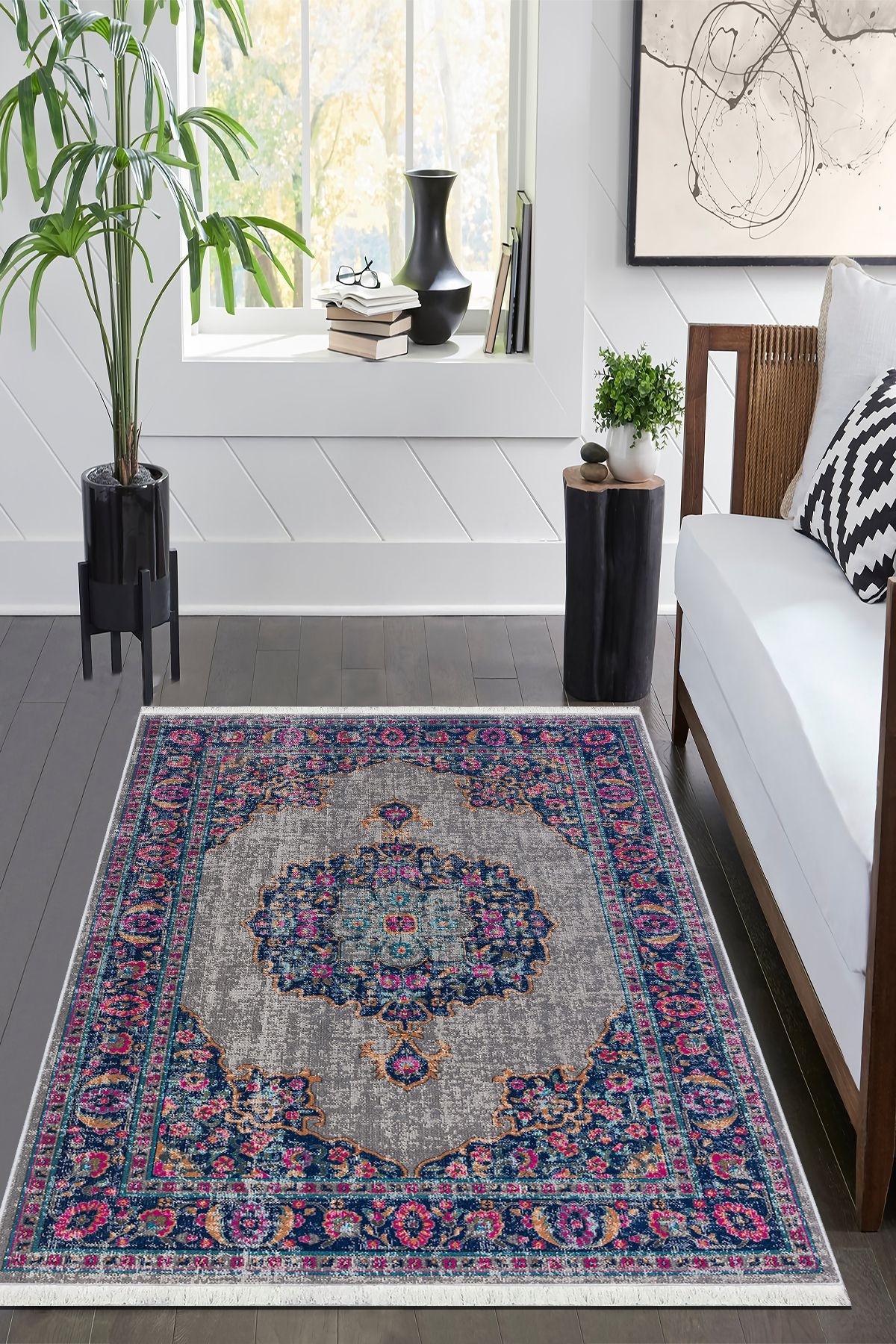Fuşya Vintage Halı Salon Halısı Makinede Yıkanabilir Halı Kaymaz Taban Halı