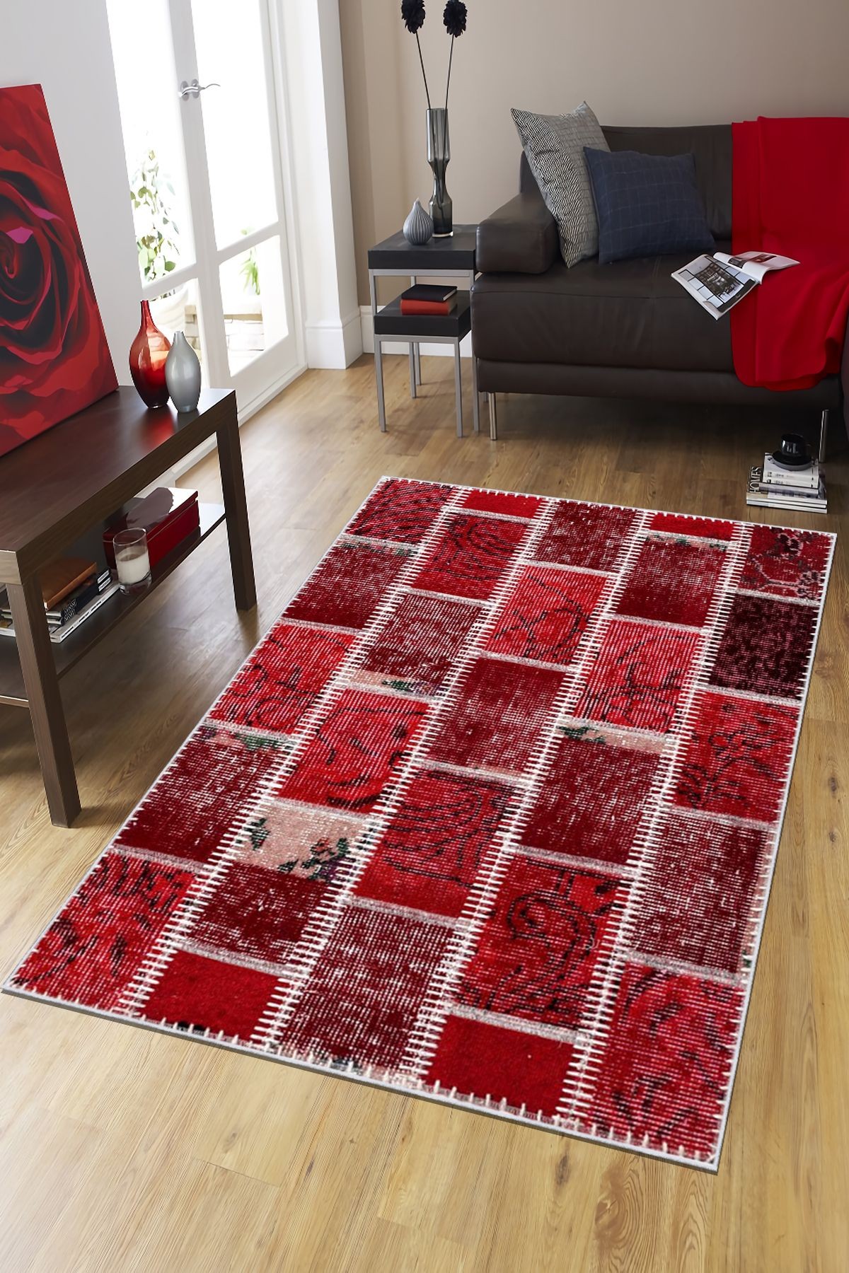 kırmızı Yolluk Makinede Yıkanabilir Halı Kaymaz Taban Halı