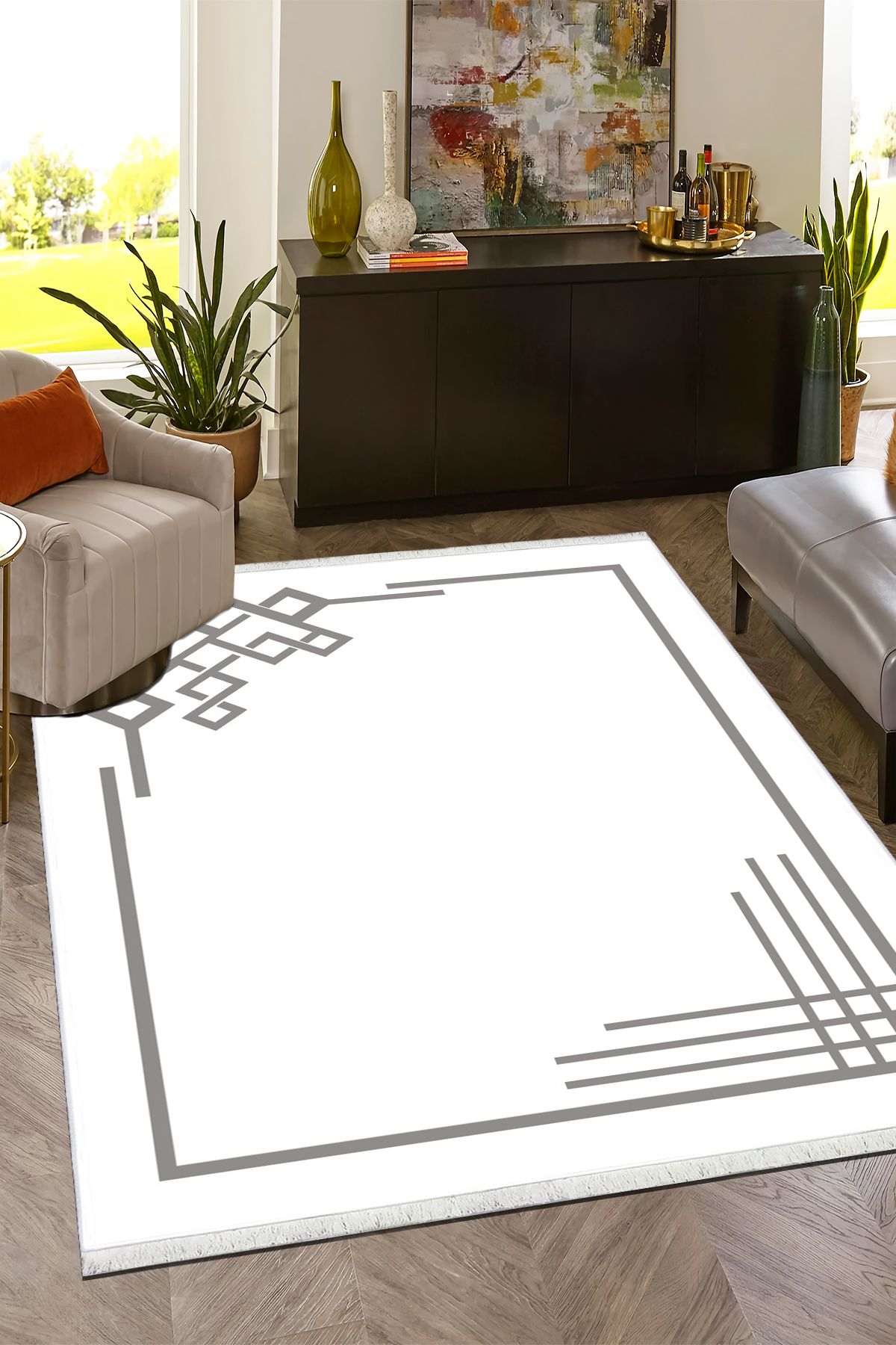 Gri Yolluk Halı Salon Halısı Makinede Yıkanabilir Halı Kaymaz Taban Halı