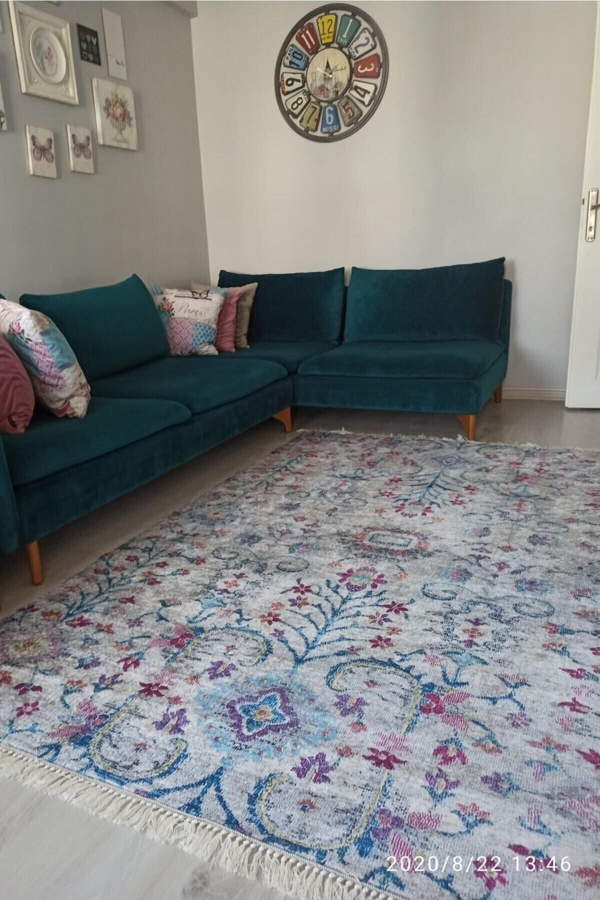 Otantik Mavi Halı Vintage Mavi Halı Makinede Yıkanabilir Kaymaz Salon Halısı Yolluk