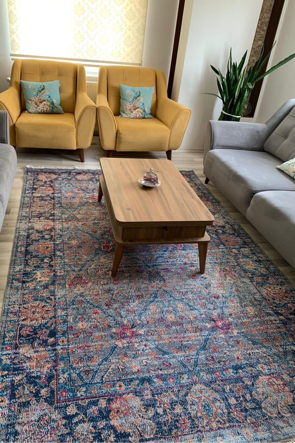 Dijital Baskı Yıkanabilir Kaymaz Taban Lacivert Gri Halı Vintage Salon Halısı Mutfak Halısı Yolluk