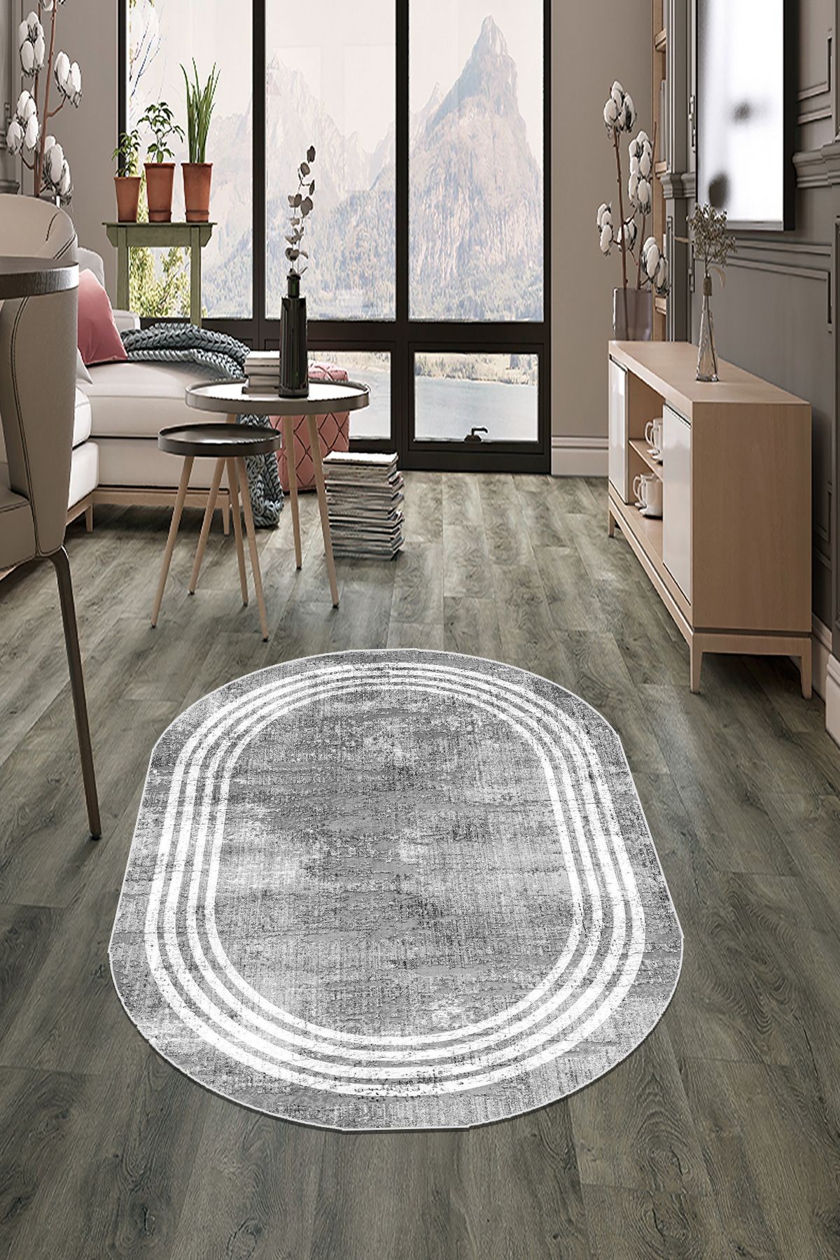 Gri Oval Yolluk Koridor Halısı Makinede Yıkanabilir Kaymaz Taban Yolluk Hol Antre Halısı
